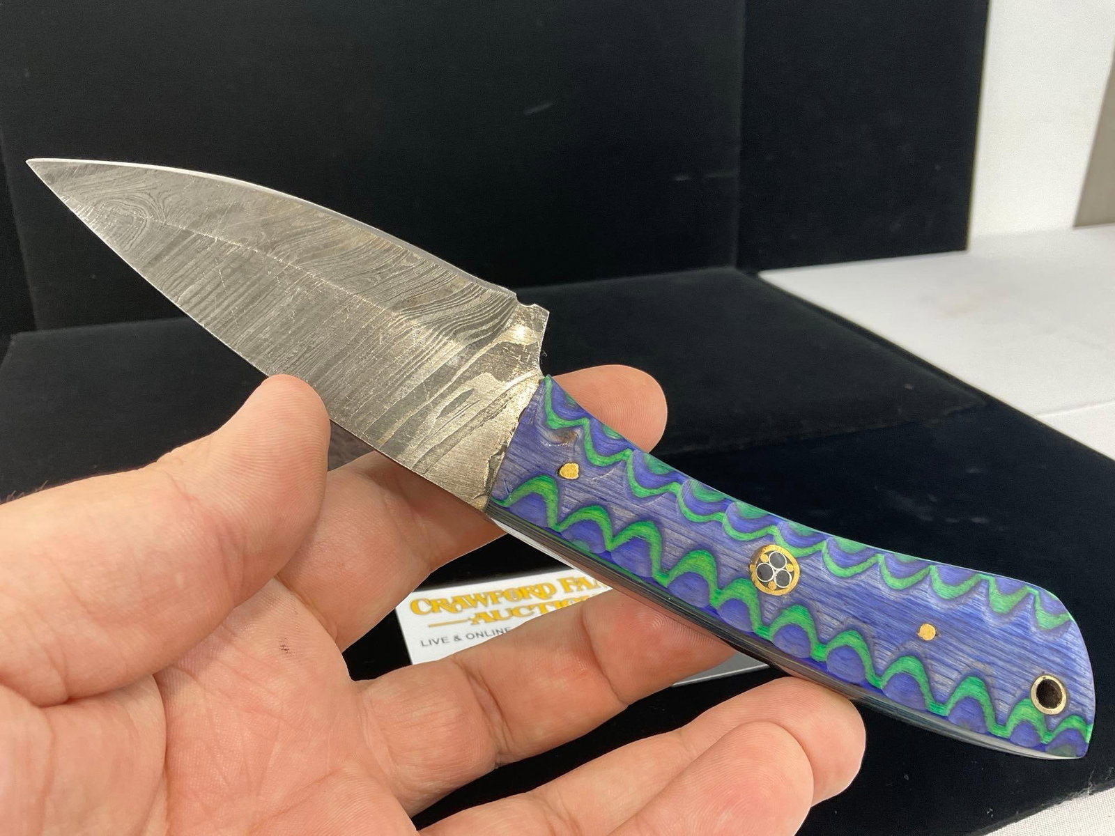 Damascus Steel Knife w/Blue/Green Tinted Wood Handle & Leather Sheath - 2