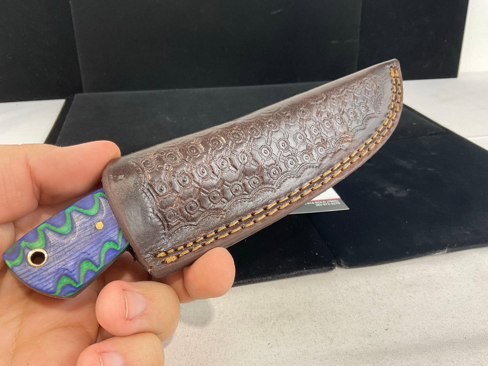 Damascus Steel Knife w/Blue/Green Tinted Wood Handle & Leather Sheath - 5