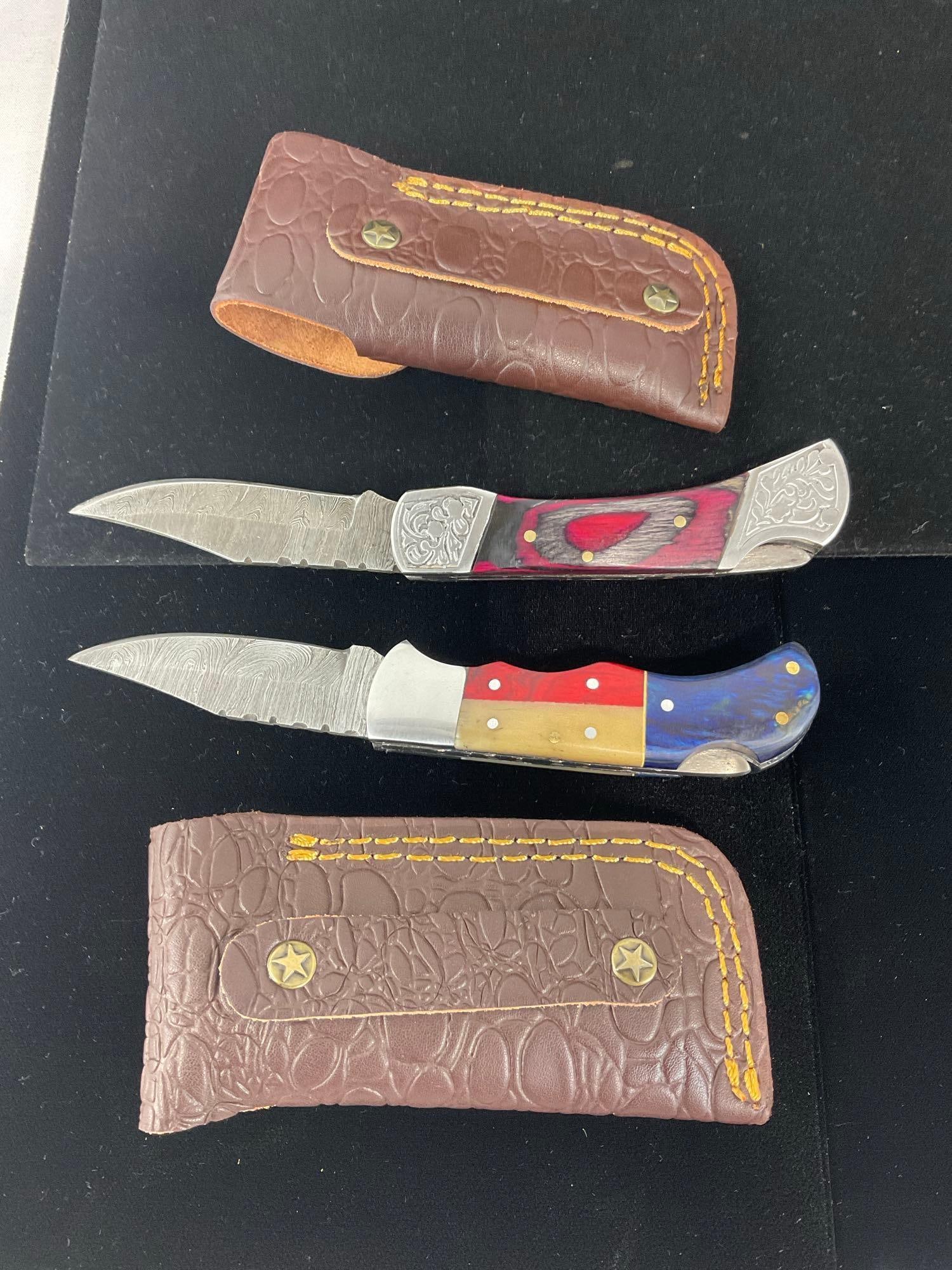 Pair of Handmade Folding Damascus Steel Knives w/Tinted Wood Handles & Leather Sheaths - 3
