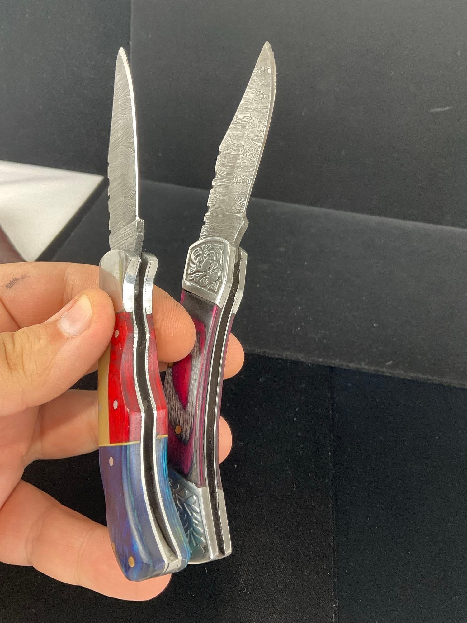 Pair of Handmade Folding Damascus Steel Knives w/Tinted Wood Handles & Leather Sheaths - 4