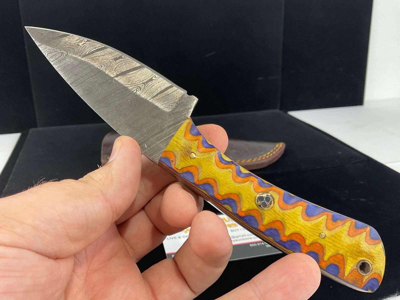 Damascus Steel 3 inch Blade Knife w/Yellow/Purple Tinted Handle & Leather Sheath - 2
