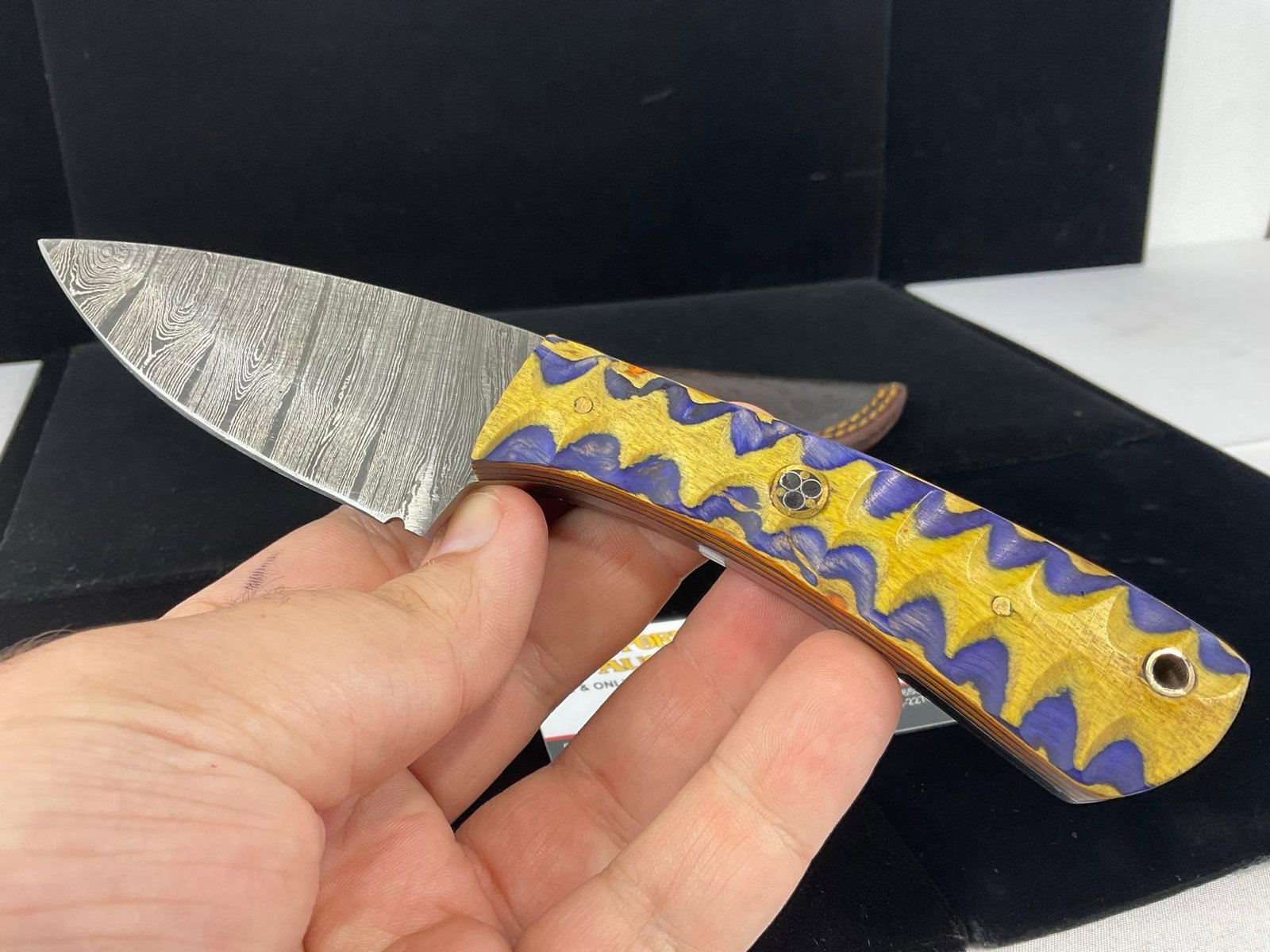 Damascus Steel 3 inch Blade Knife w/Yellow/Purple Tinted Handle & Leather Sheath - 3