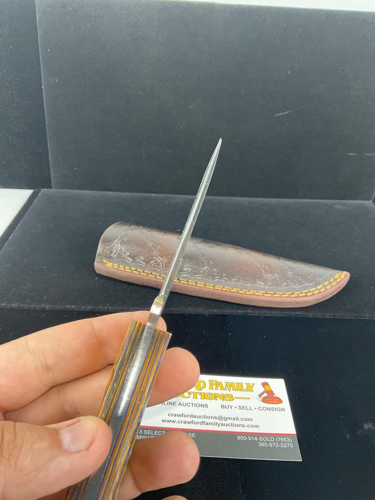 Damascus Steel 3 inch Blade Knife w/Yellow/Purple Tinted Handle & Leather Sheath - 4