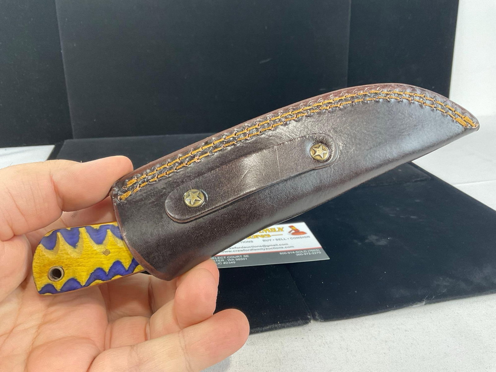 Damascus Steel 3 inch Blade Knife w/Yellow/Purple Tinted Handle & Leather Sheath - 5