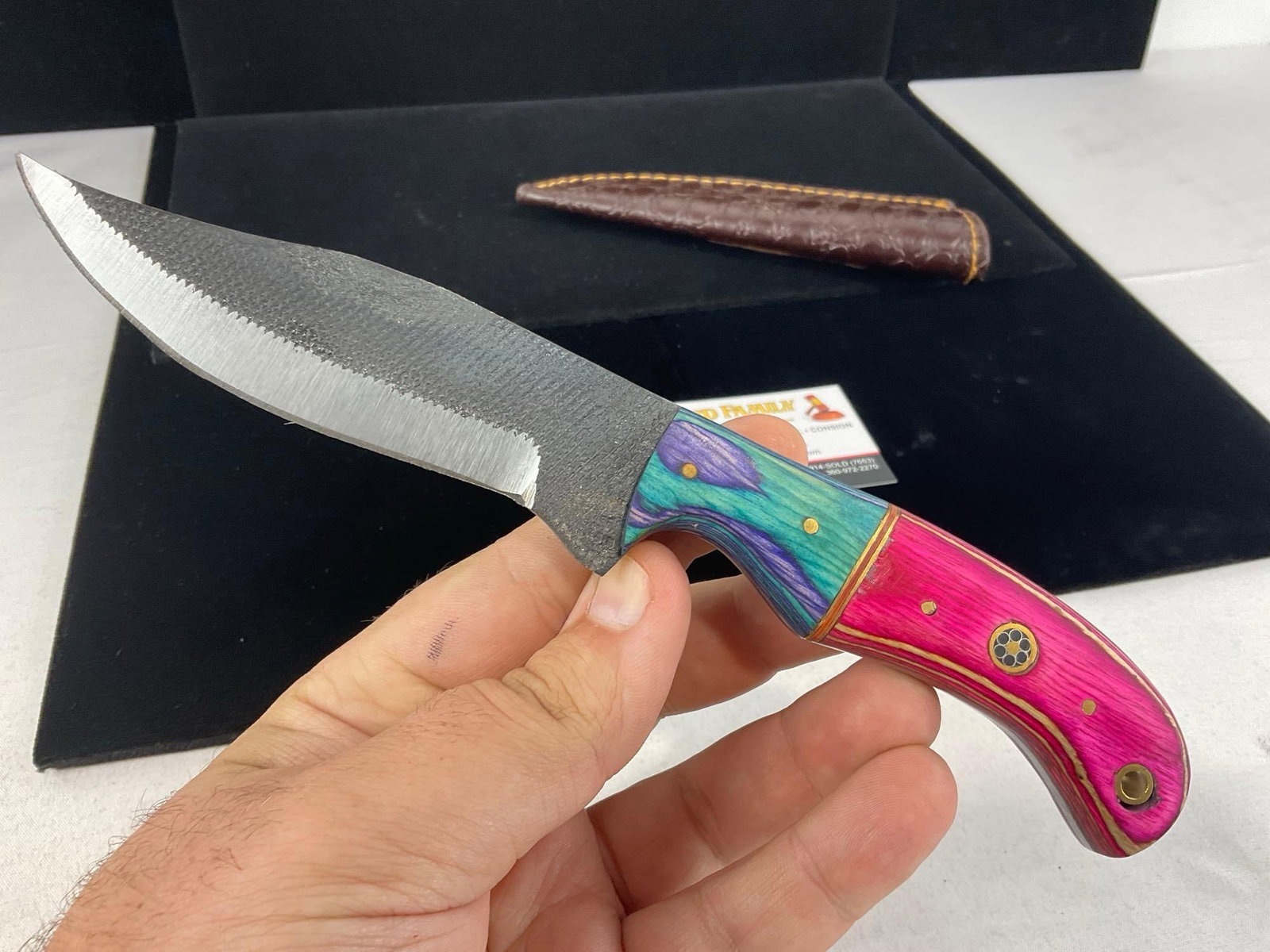 File Steel Knife 4.5 inch blade w/Tinted Wood Handle, Blue & Pink, Leather Sheath - 2