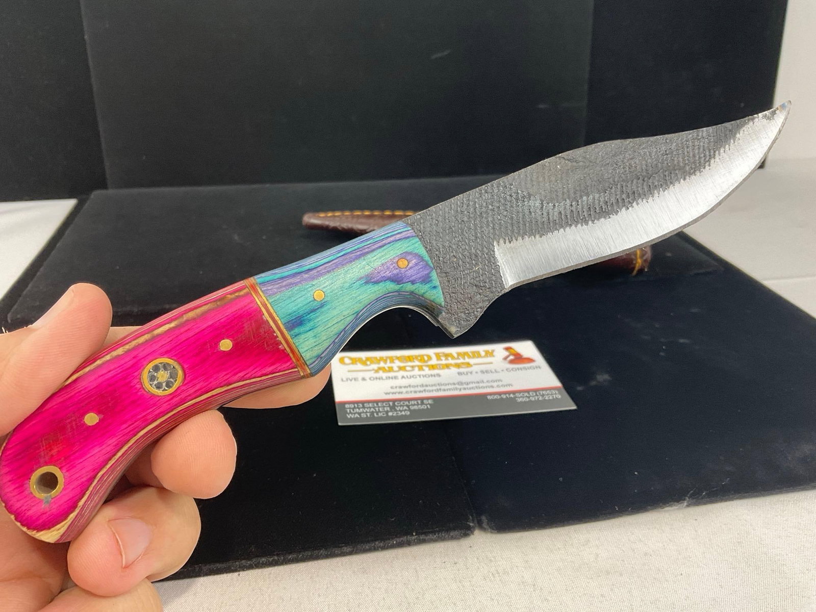 File Steel Knife 4.5 inch blade w/Tinted Wood Handle, Blue & Pink, Leather Sheath - 3