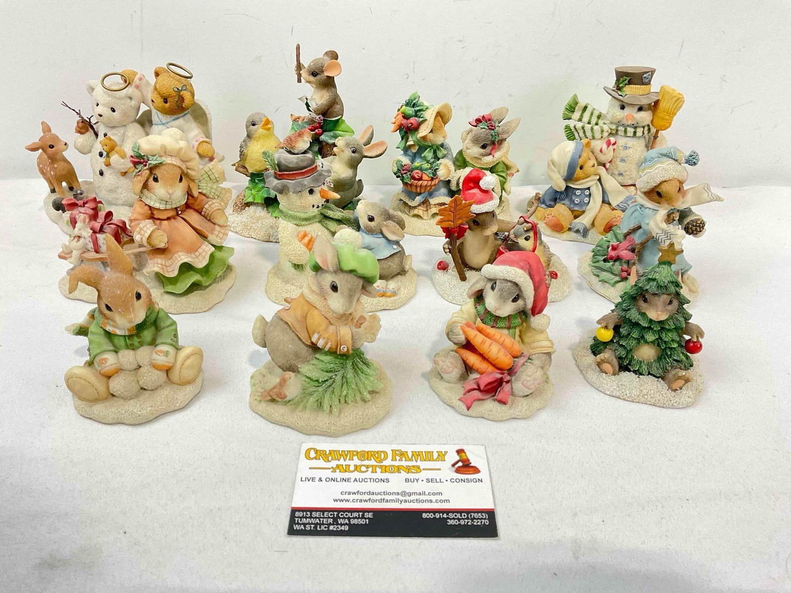 12 pcs Darling Composite Christmas Decorative Figurines incl. My Blushing Bunnies & More!: 12 pcs Darling Composite Christmas Decorative Figurines incl. My Blushing Bunnies & More! Also includes Charming Tales & Priscilla's Mouse Tales. Look to be a mix of vintage and modern. One