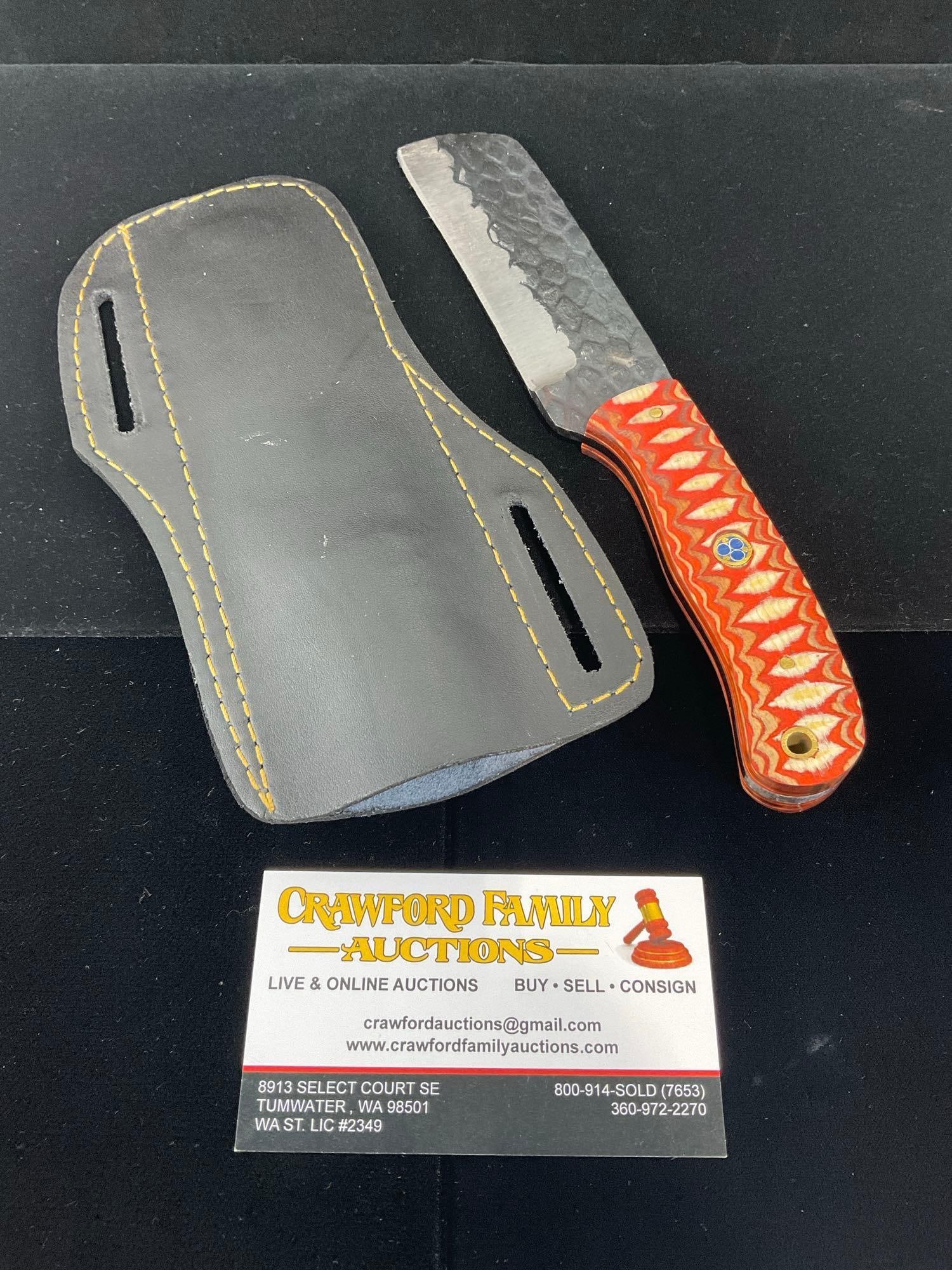 File Steel Knife w/Vibrant Orange/White Tinted Wood Handle & Leather Sheath: All these knives are from the same collection. See pics for condition. Blade measures approx 4.5 inches. Measures approx 10h x 5w x 2d inches. E-3440
