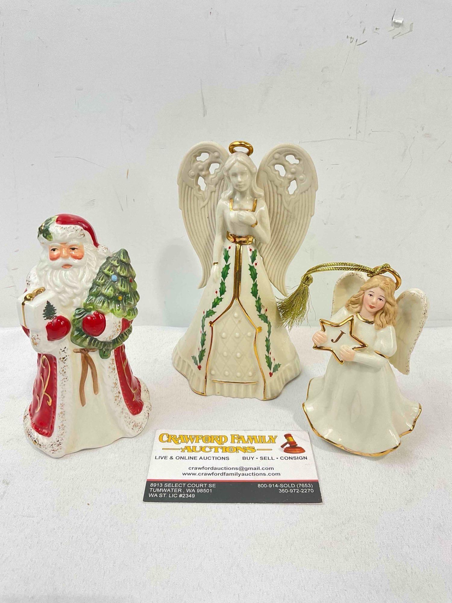 3 pcs Ceramic Christmas Decorative Assortment incl. Spode Bell, Lenox Bell & Ornament.: 3 pcs Ceramic Christmas Decorative Assortment incl. Spode Bell, Lenox Bell & Ornament. Pieces have minor wear and dust indicative of age and use, Spode bell has lost clapper, see photos for condit