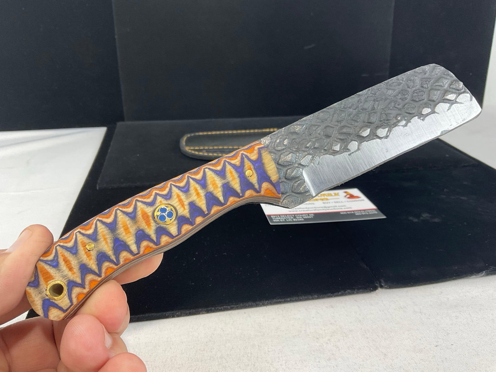 File Steel Knife 4 inch blade w/Vibrant Orange & Blue Tinted Wood Handle, & Leather Sheath - 2