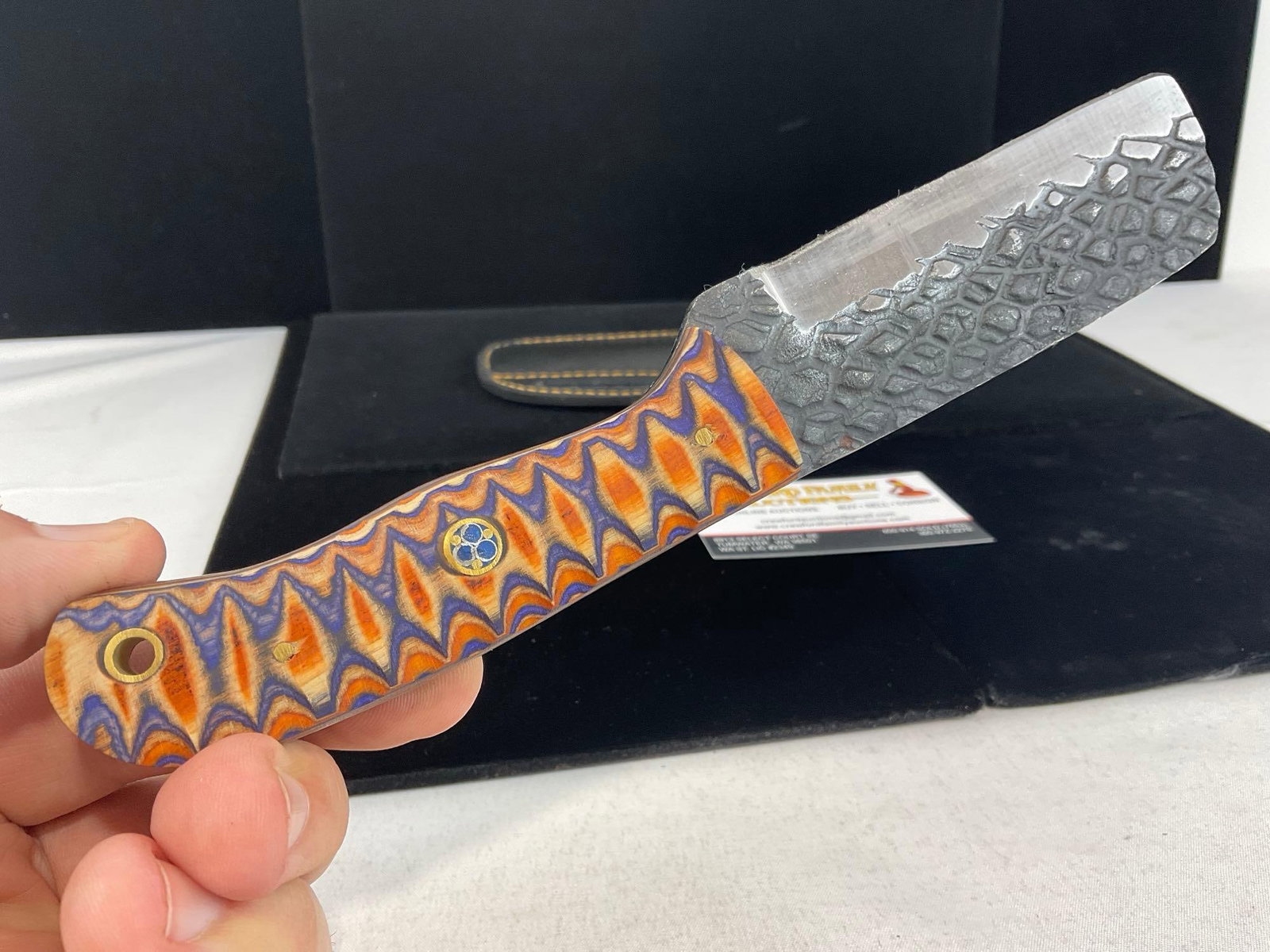File Steel Knife 4 inch blade w/Vibrant Orange & Blue Tinted Wood Handle, & Leather Sheath - 3