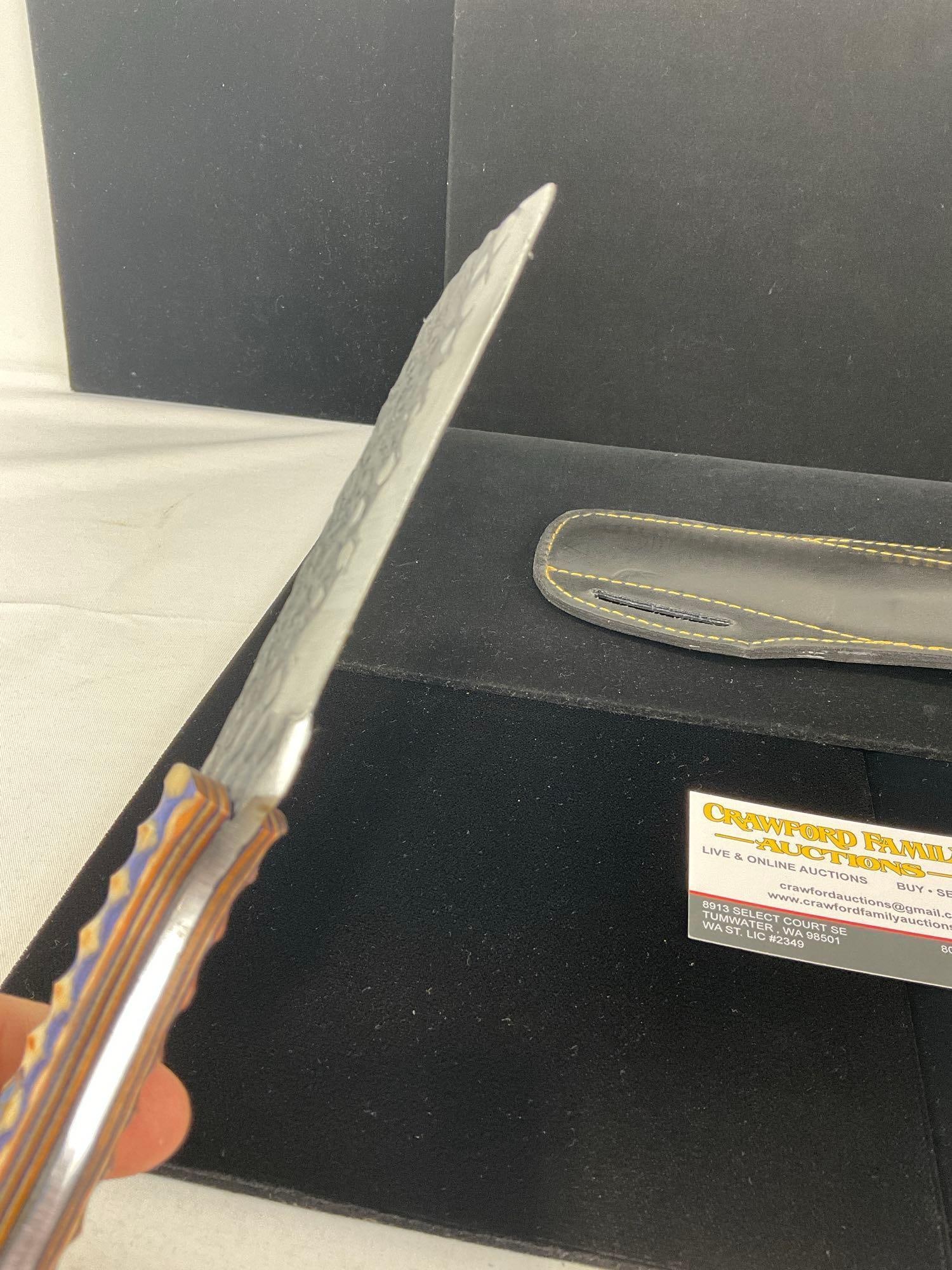 File Steel Knife 4 inch blade w/Vibrant Orange & Blue Tinted Wood Handle, & Leather Sheath - 4