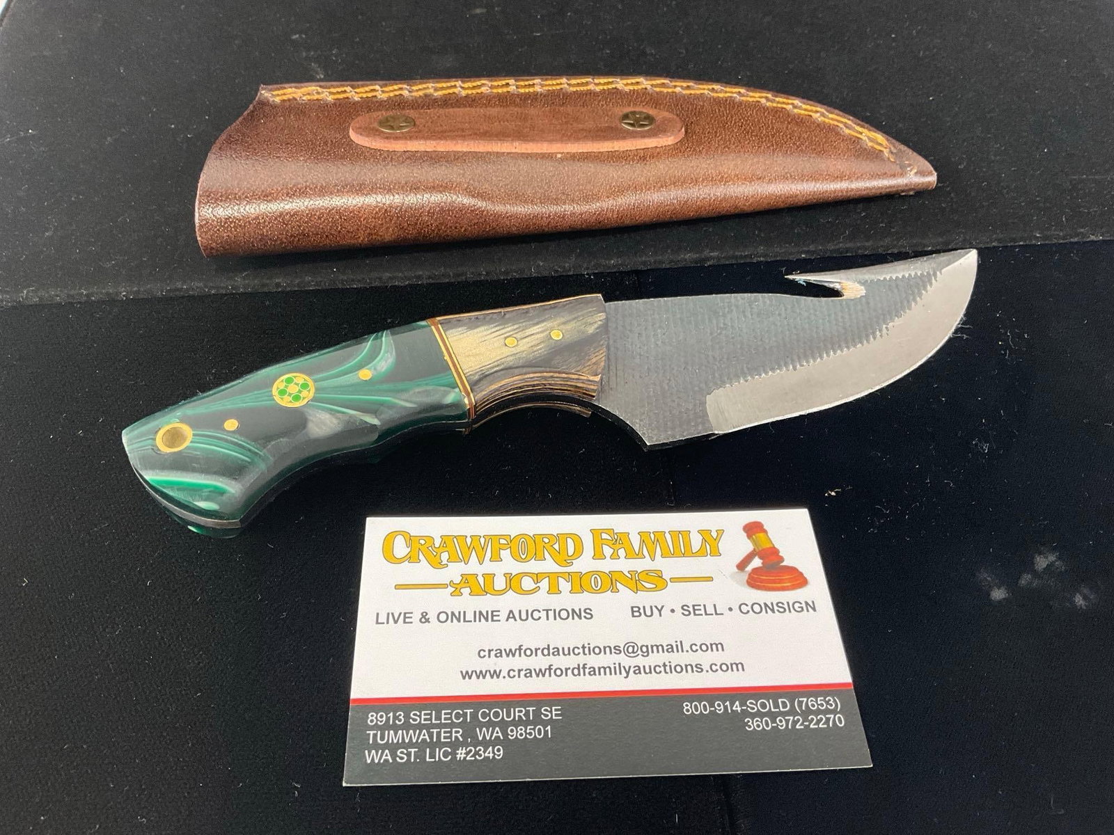 File Steel Knife 4 inch blade, Tinted Wood & Teal/Black Swirled Resin Handle, & Leather Sheath: Similar to the last piece. All these knives are from the same collection. See pics for condition. Blade measures approx 4 inches. Measures approx 10h x 3w x 2d inches. E-3440