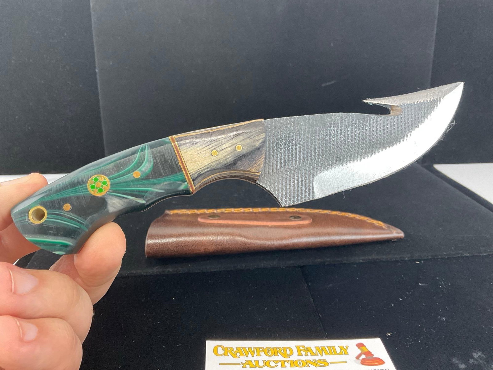 File Steel Knife 4 inch blade, Tinted Wood & Teal/Black Swirled Resin Handle, & Leather Sheath - 2
