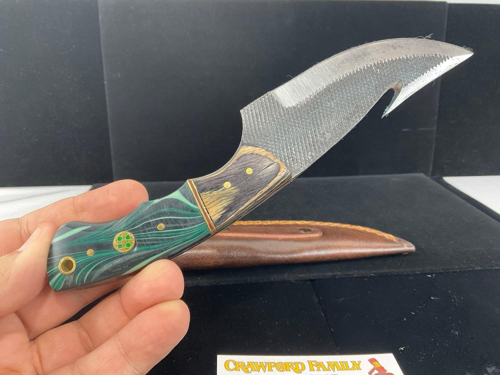 File Steel Knife 4 inch blade, Tinted Wood & Teal/Black Swirled Resin Handle, & Leather Sheath - 3