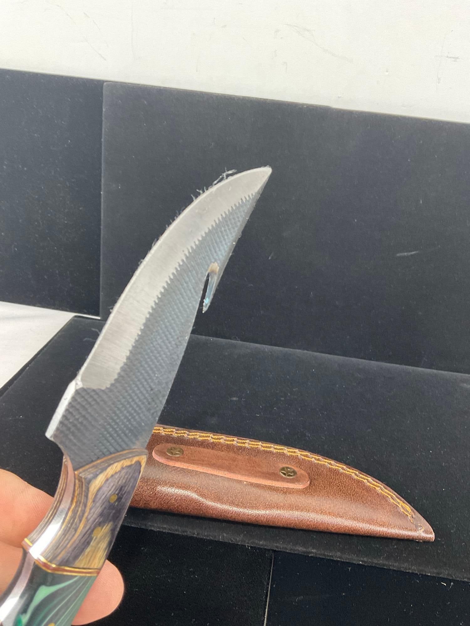 File Steel Knife 4 inch blade, Tinted Wood & Teal/Black Swirled Resin Handle, & Leather Sheath - 4
