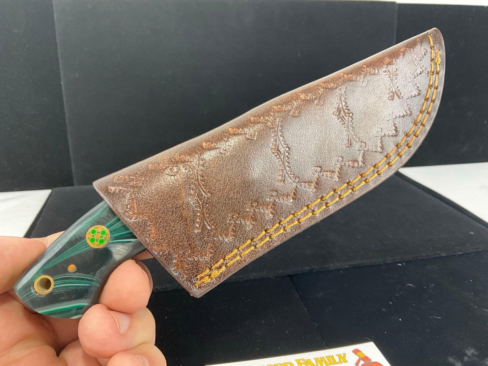 File Steel Knife 4 inch blade, Tinted Wood & Teal/Black Swirled Resin Handle, & Leather Sheath - 5