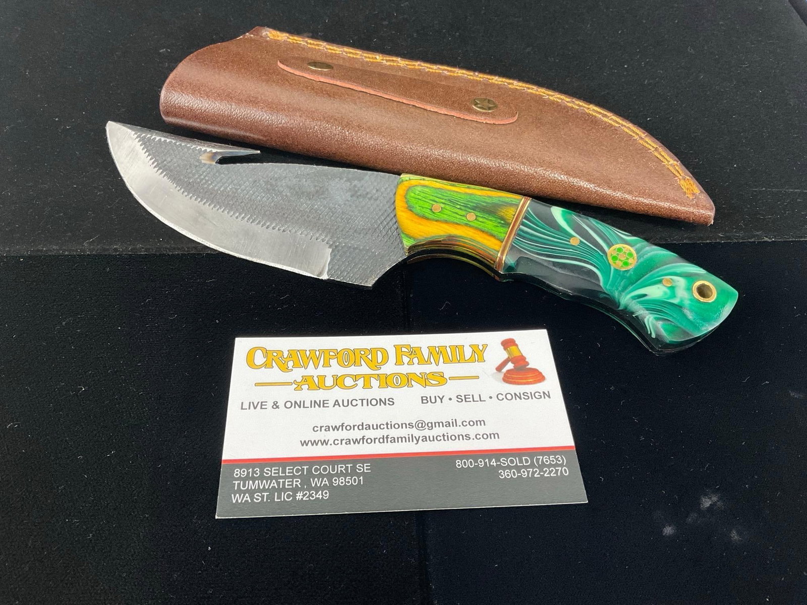File Steel Knife 4 inch blade, Tinted Wood & Teal/White/Black Swirled Resin Handle, & Leather She...: All these knives are from the same collection. See pics for condition. Blade measures approx 4 inches. Measures approx 10h x 3w x 2d inches. E-3440