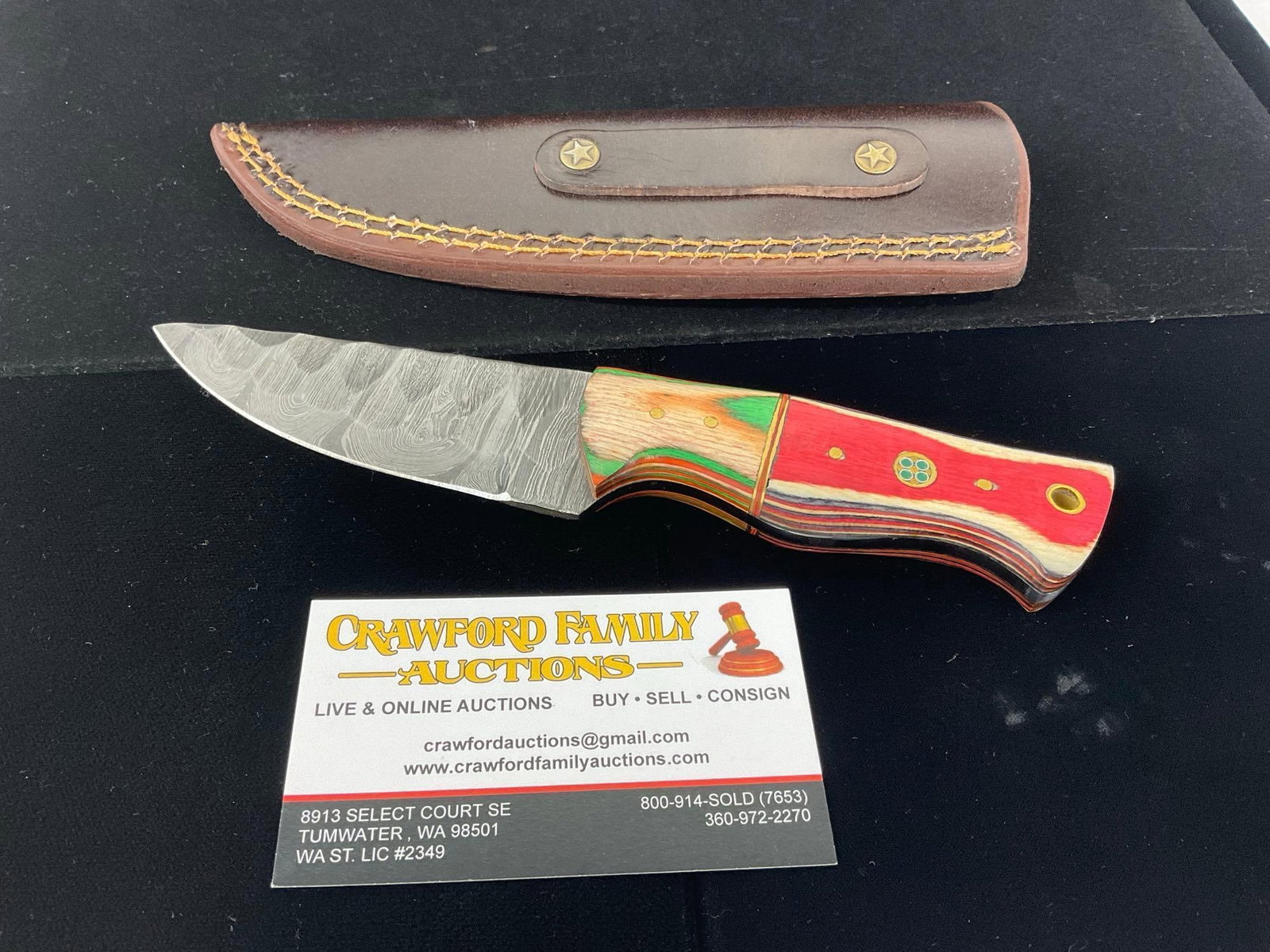 Damascus Steel Knife w/3 inch blade, 4 Tone Tinted Wood Handle w/Leather Sheath: All these knives are from the same collection. See pics for condition. Blade measures approx 3 inches. Measures approx 10h x 3w x 2d inches. E-3440