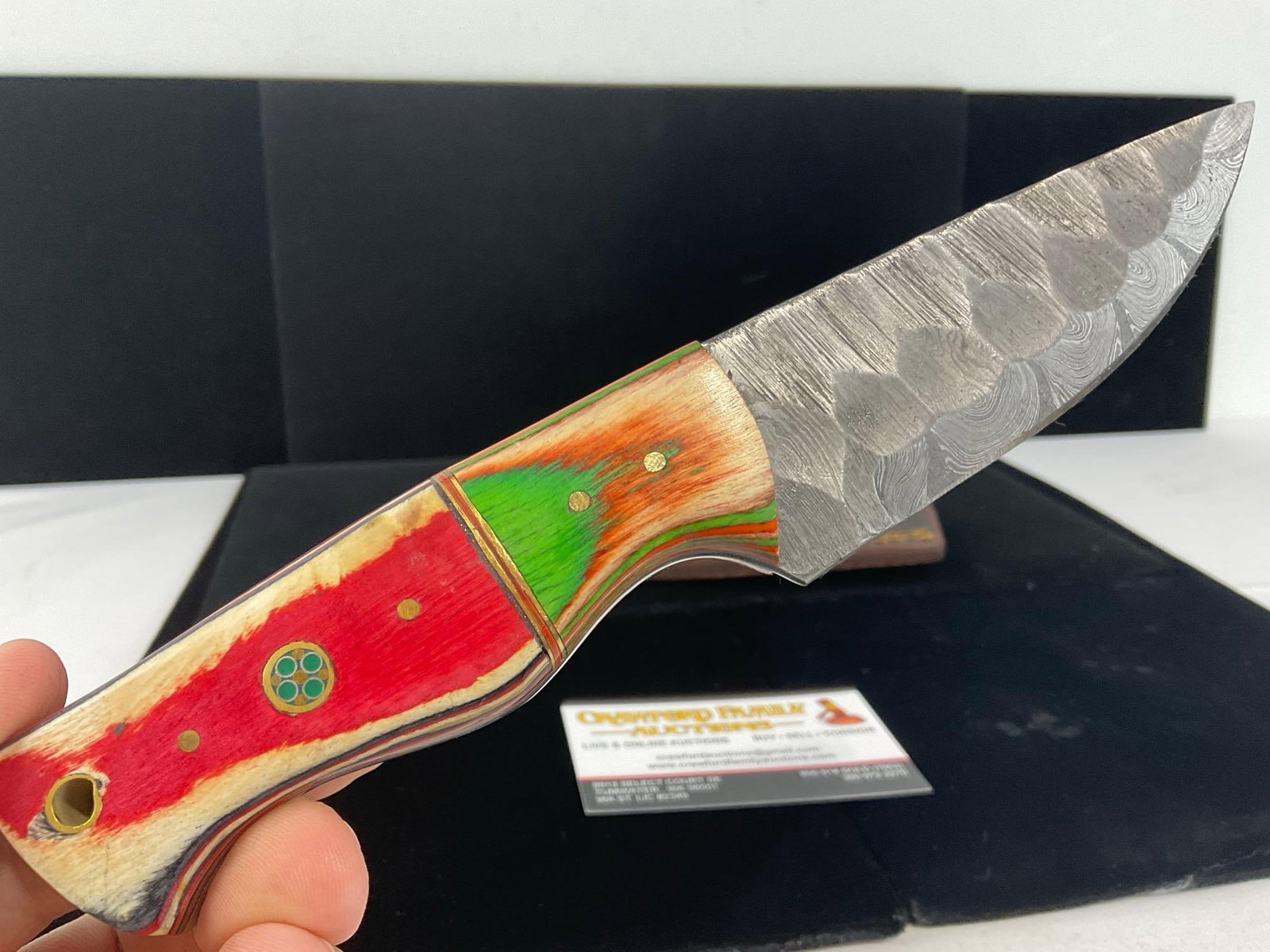 Damascus Steel Knife w/3 inch blade, 4 Tone Tinted Wood Handle w/Leather Sheath - 2