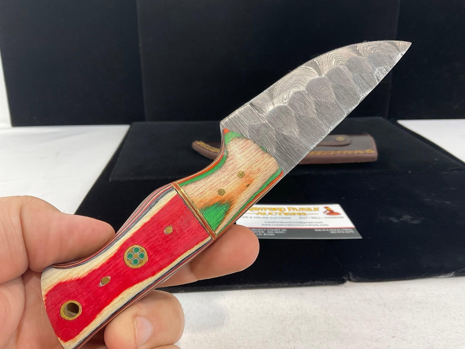 Damascus Steel Knife w/3 inch blade, 4 Tone Tinted Wood Handle w/Leather Sheath - 3