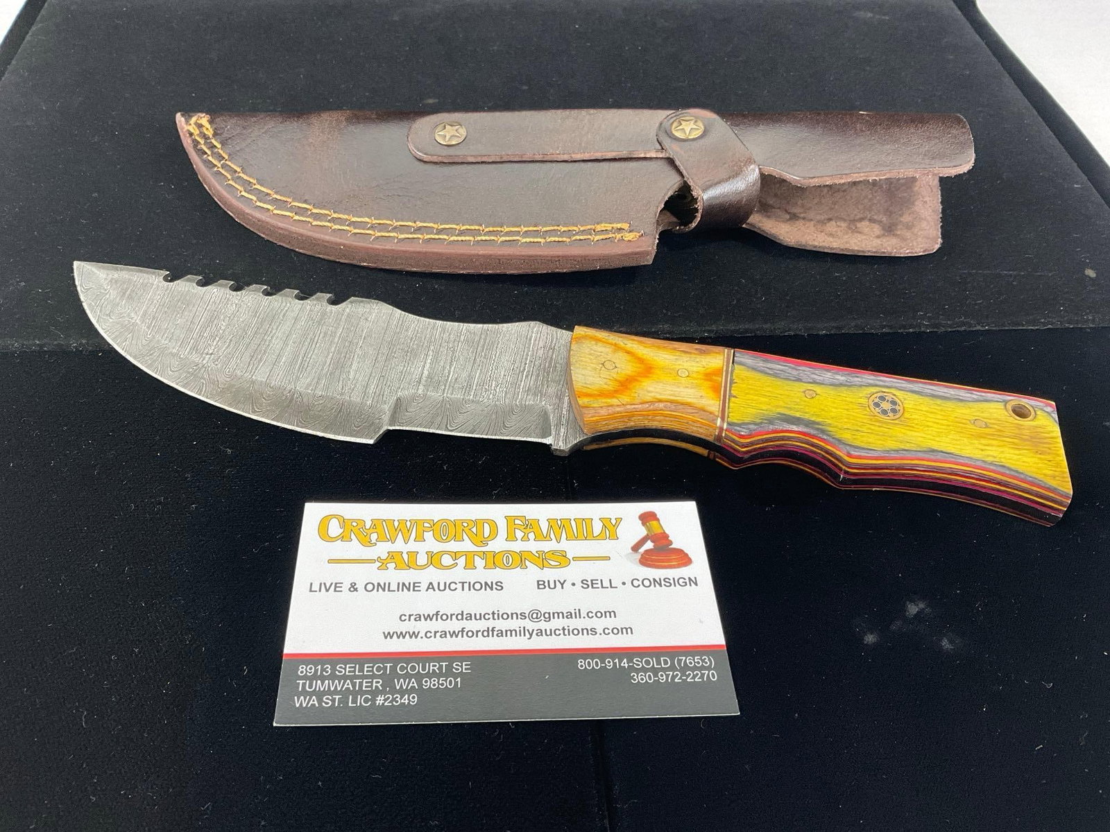 Damascus Steel Knife 6 inch blade w/Yellow Tinted Wooden Handle & Leather Sheath: All these knives are from the same collection. See pics for condition. Blade measures approx 6 inches. Measures approx 13h x 4w x 3d inches. E-3440