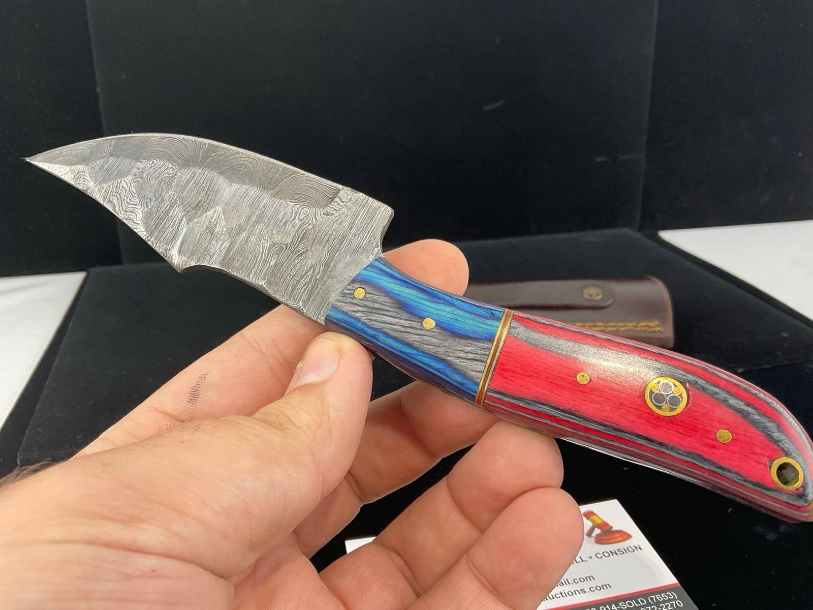 Damascus Steel Knife w/3 inch blade, 4 Tone Tinted Handle Red/Black/Blue & Leather Sheath - 2