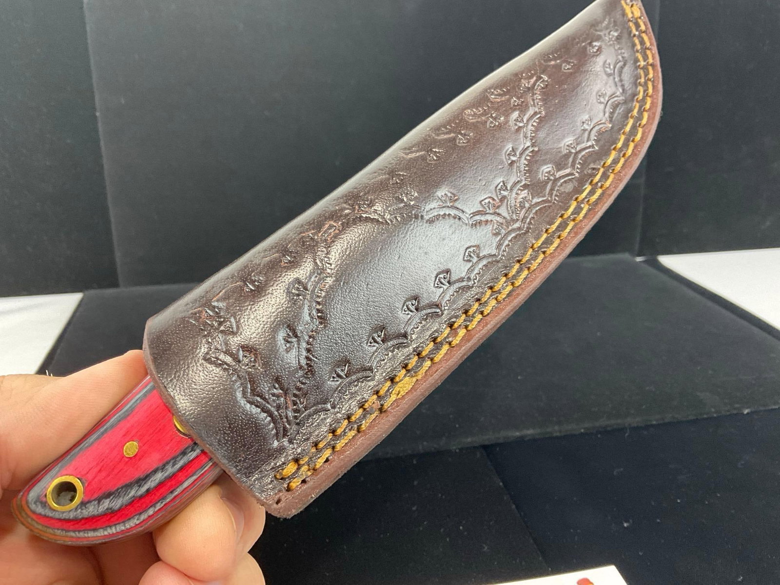 Damascus Steel Knife w/3 inch blade, 4 Tone Tinted Handle Red/Black/Blue & Leather Sheath - 4