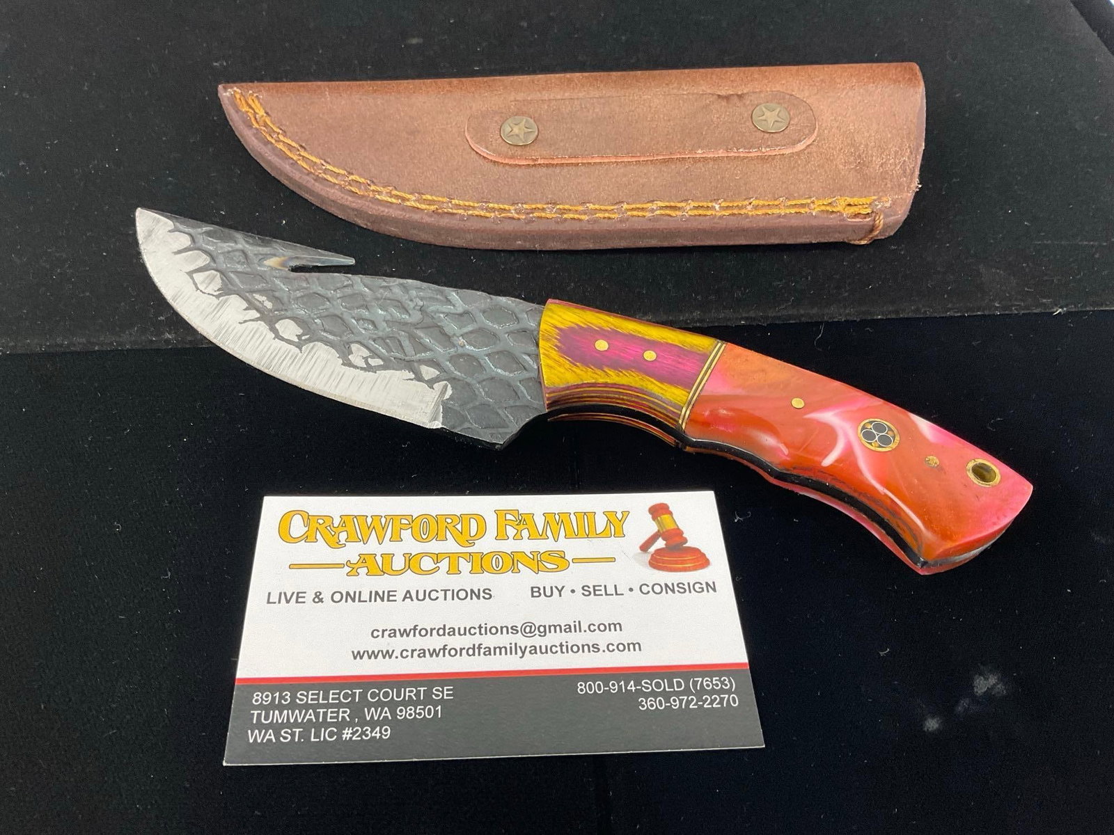 File Steel Knife w/3.5 inch blade, Tinted Wood & Orange Swirly Resin Handle & Leather Sheath: All these knives are from the same collection. See pics for condition. Blade measures approx 3.5 inches. Measures approx 10h x 3w x 2d inches. E-3440