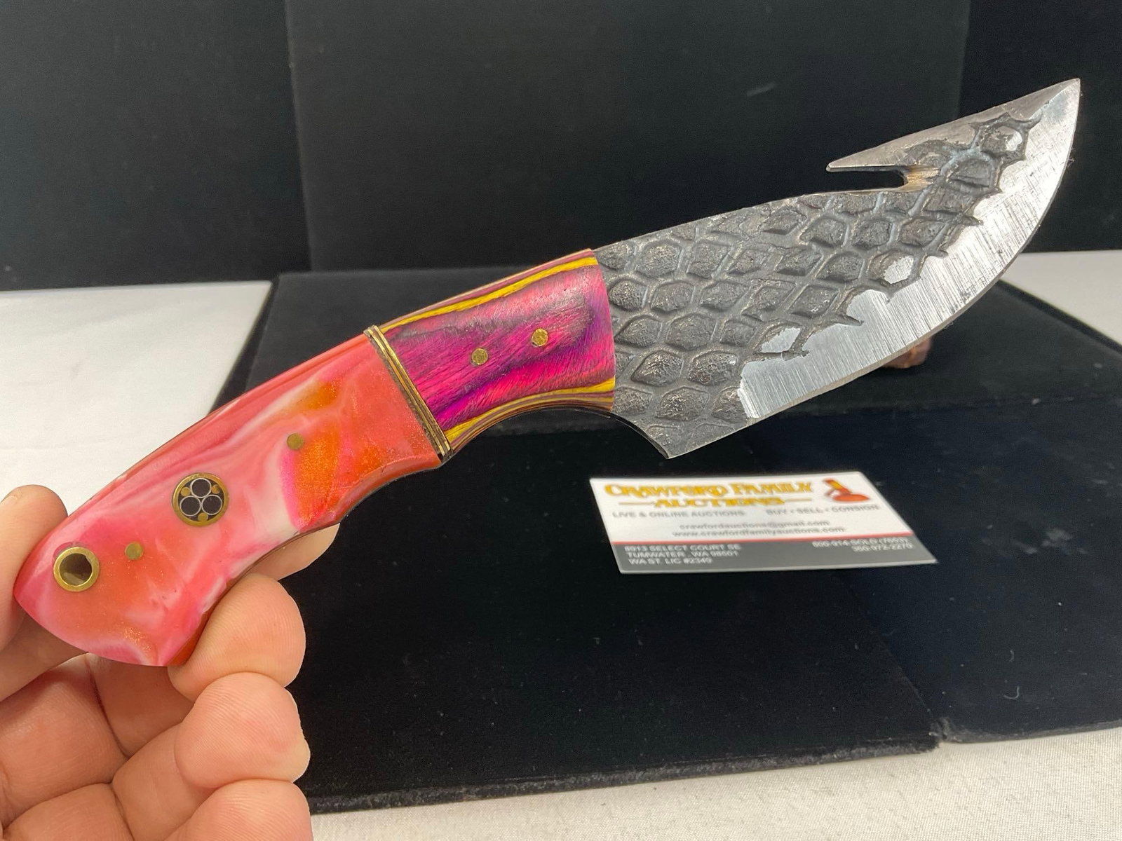 File Steel Knife w/3.5 inch blade, Tinted Wood & Orange Swirly Resin Handle & Leather Sheath - 2