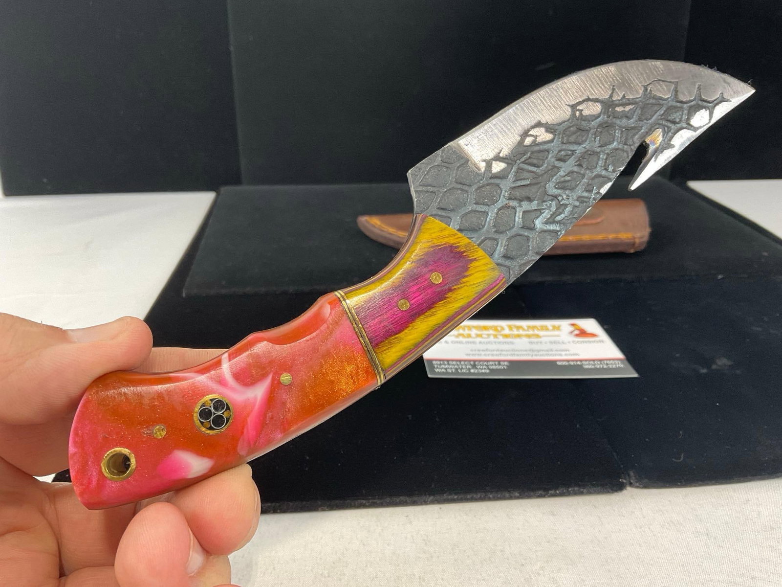 File Steel Knife w/3.5 inch blade, Tinted Wood & Orange Swirly Resin Handle & Leather Sheath - 3
