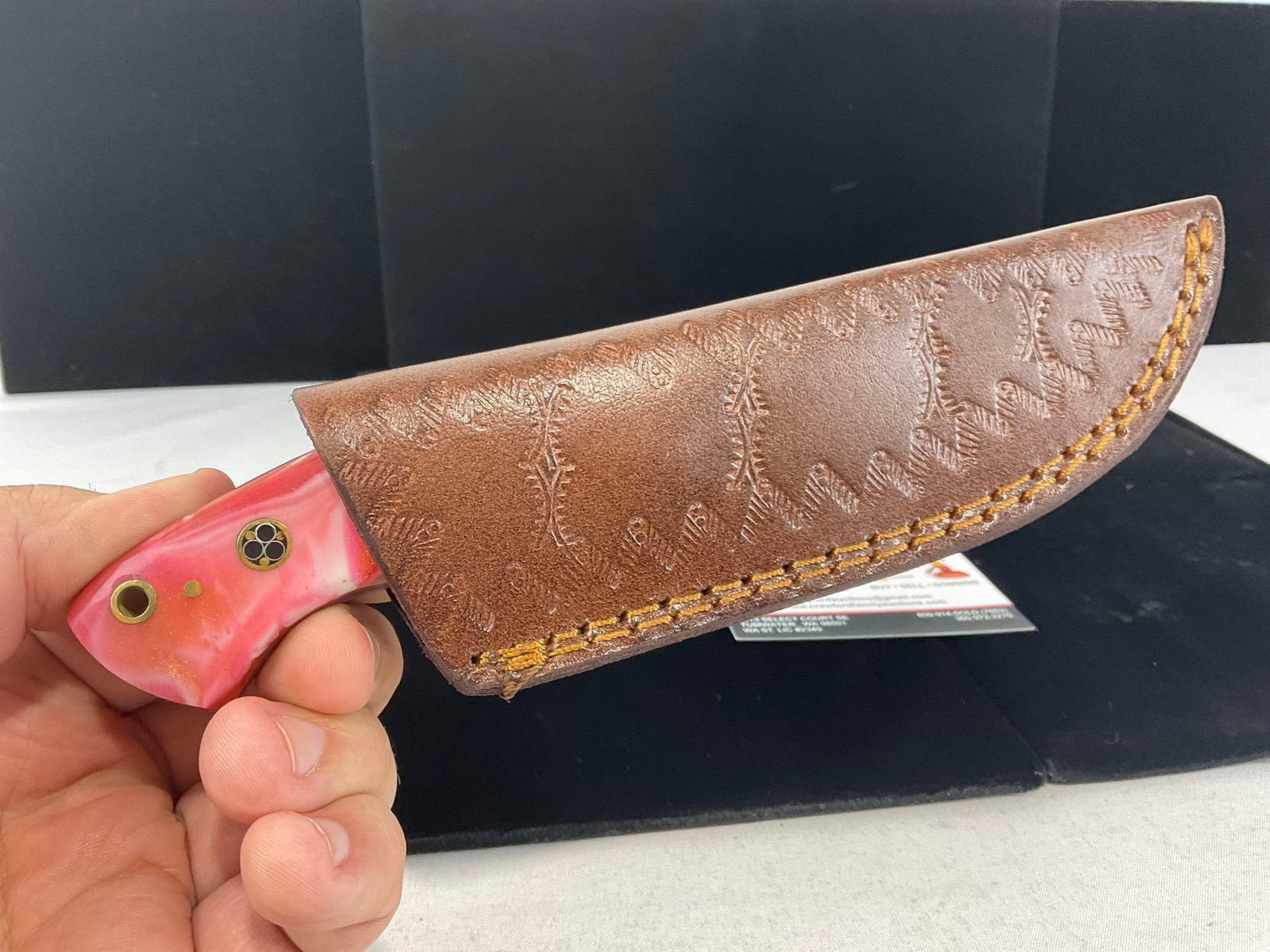 File Steel Knife w/3.5 inch blade, Tinted Wood & Orange Swirly Resin Handle & Leather Sheath - 5