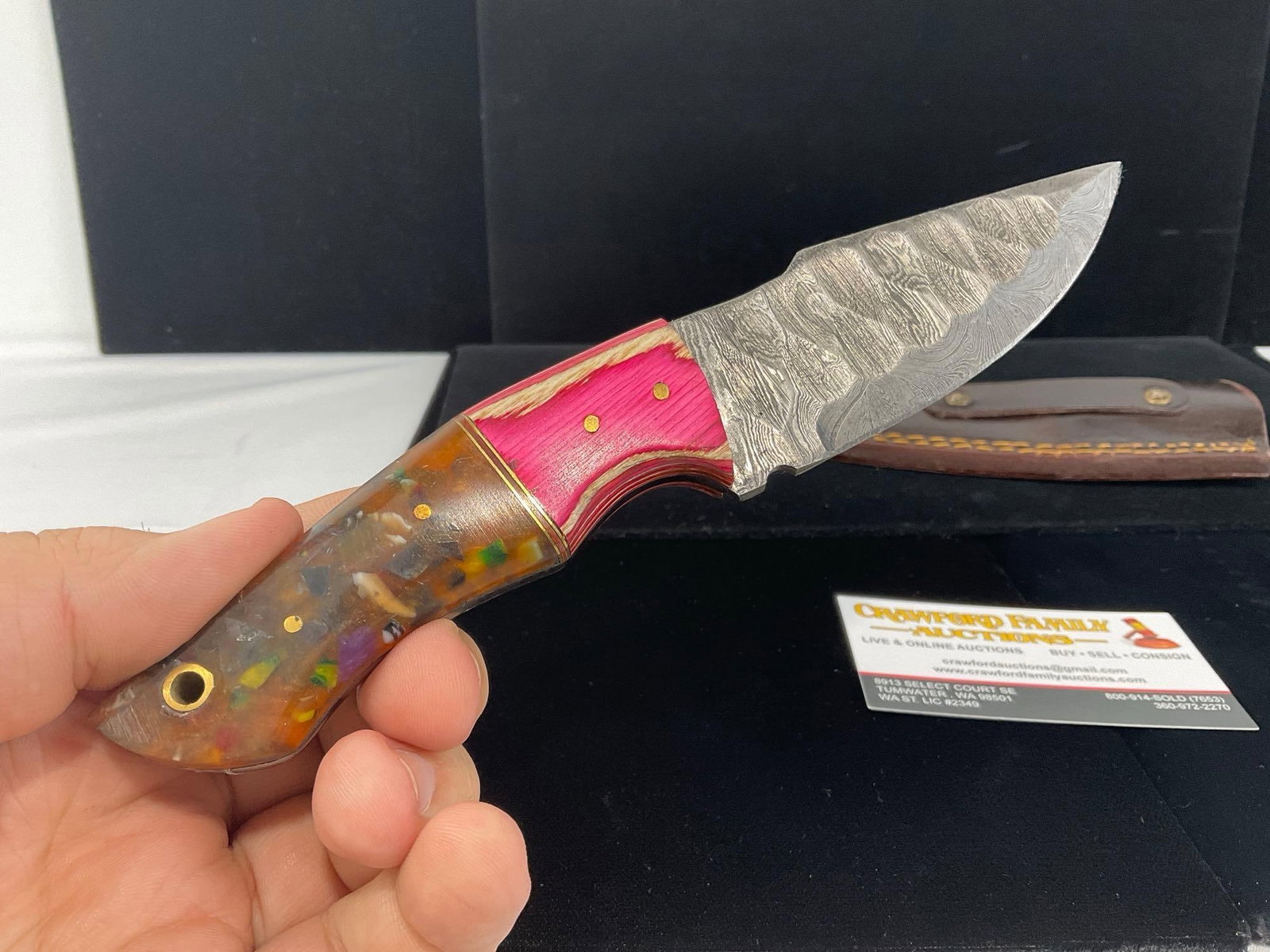 Damascus Steel Knife w/3 inch blade, Tinted Wood & Cloudy Resin Handle, & Leather Sheath - 2