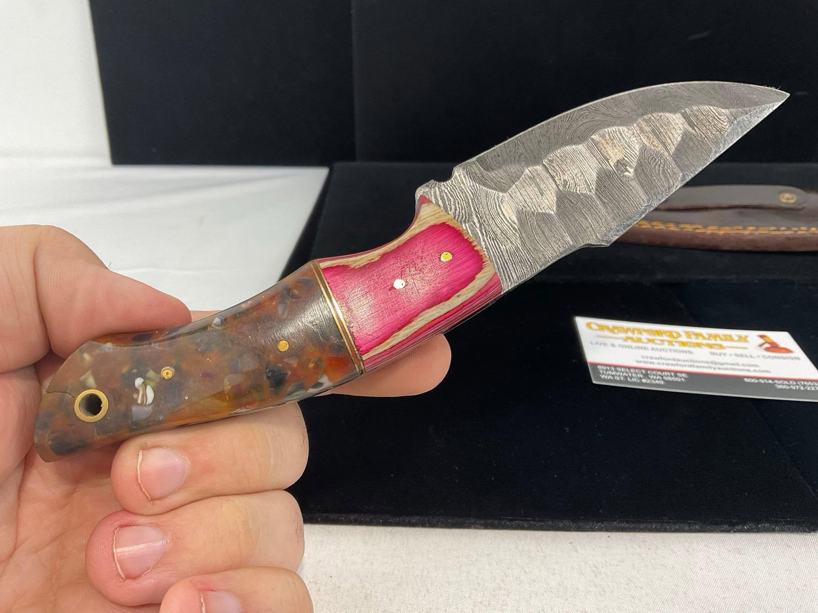 Damascus Steel Knife w/3 inch blade, Tinted Wood & Cloudy Resin Handle, & Leather Sheath - 3