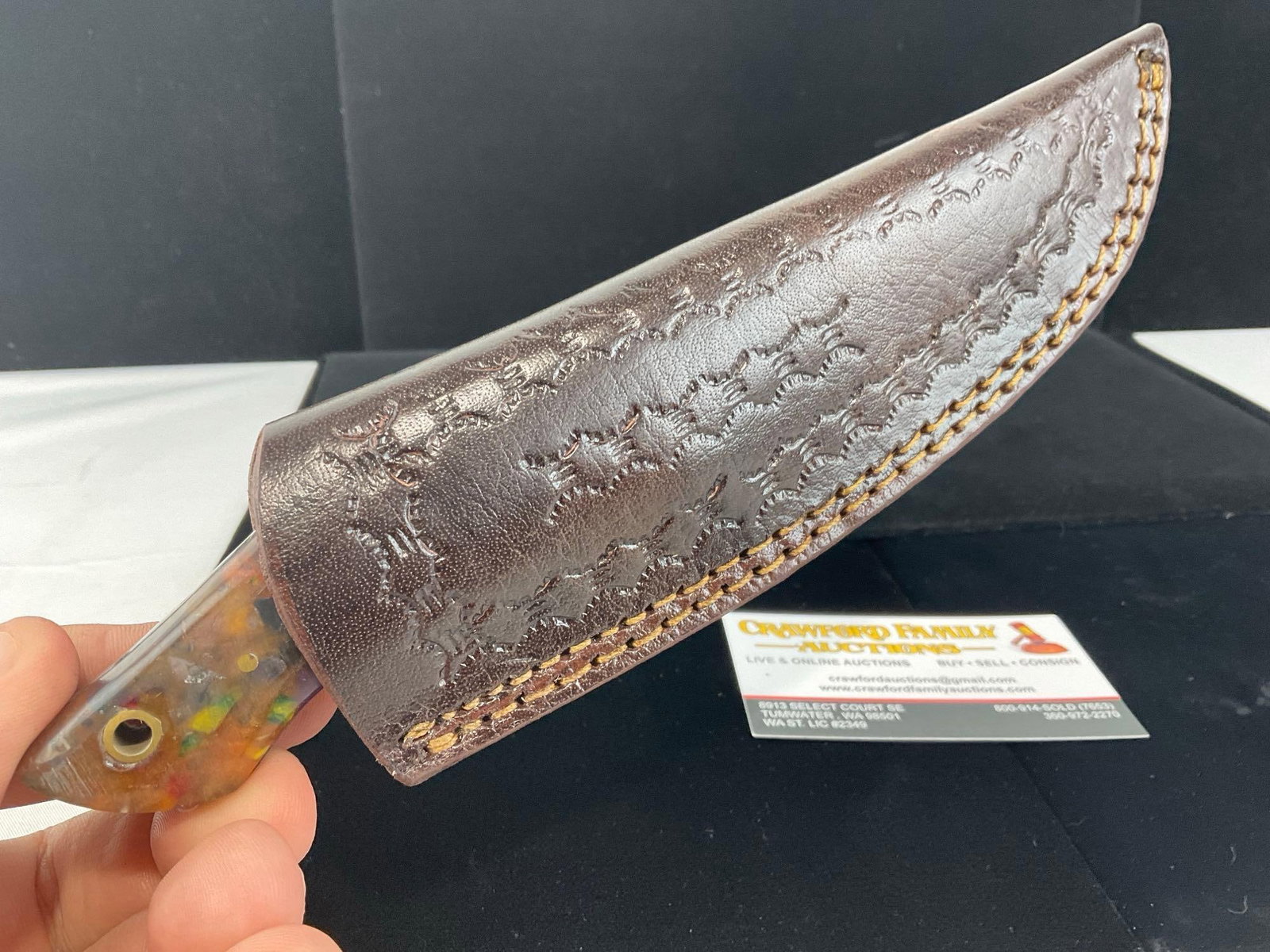 Damascus Steel Knife w/3 inch blade, Tinted Wood & Cloudy Resin Handle, & Leather Sheath - 4