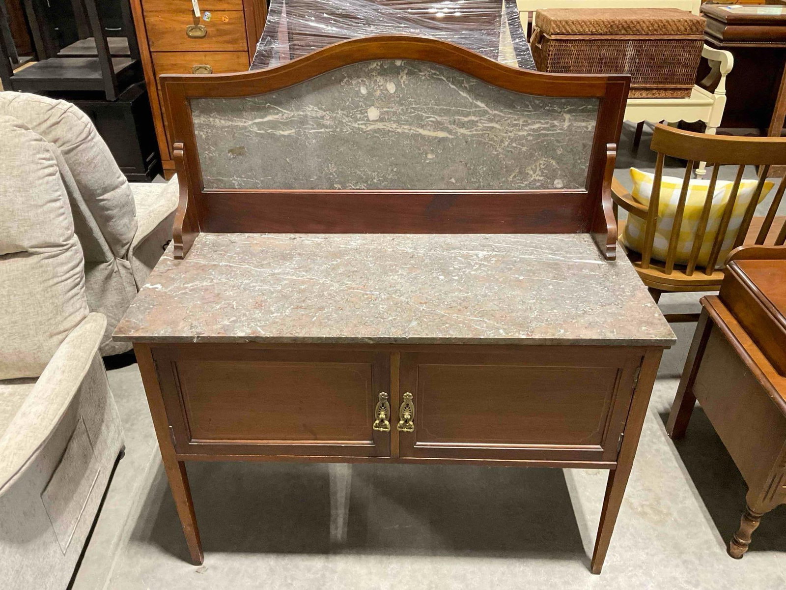 Antique Handsome Mahogany? Wood Wash Stand w/ Gray Marble Stone Counter & Backsplash.: Antique Handsome Mahogany? Wood Wash Stand w/ Gray Marble Stone Counter & Backsplash. Minor wear indicative of age and use, what looks like some fading to stone, and has a chipped corner, see