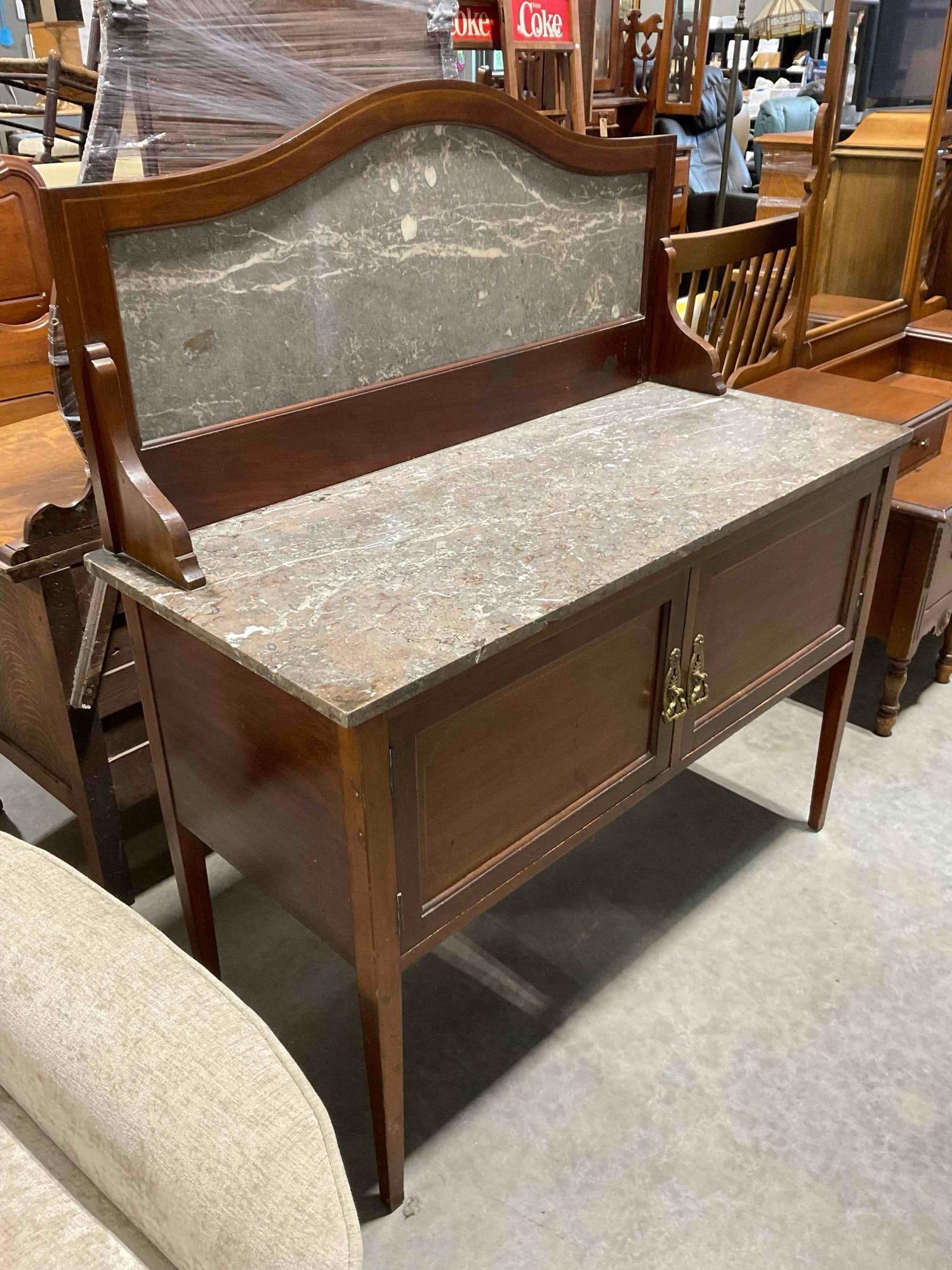 Antique Handsome Mahogany? Wood Wash Stand w/ Gray Marble Stone Counter & Backsplash. - 7