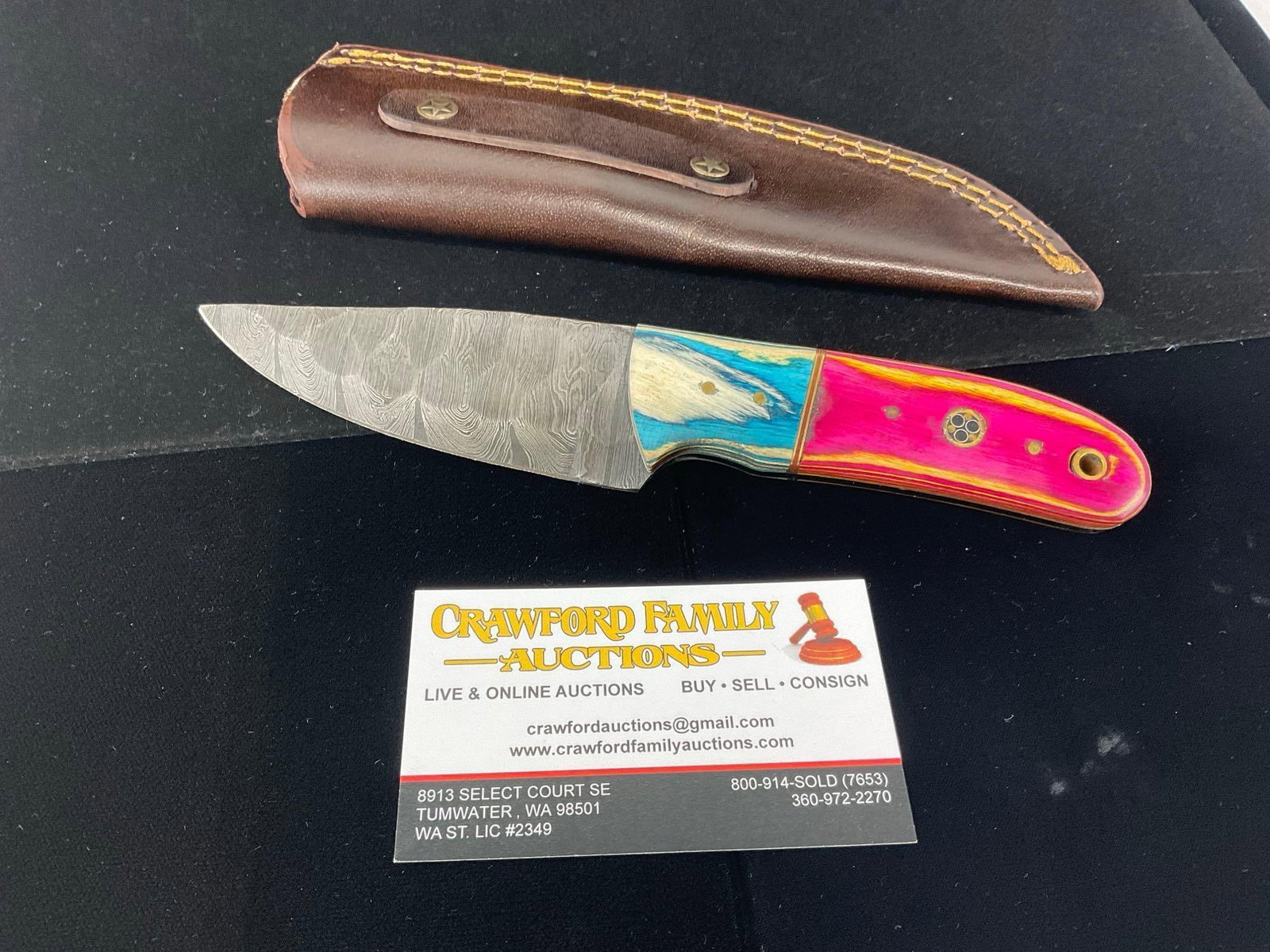 Damascus Steel Knife w/3 inch blade, Blue/Pink Tinted Wood Handle & Leather Sheath: All these knives are from the same collection. See pics for condition. Blade measures approx 3 inches. Measures approx 10h x 3w x 2d inches. E-3440