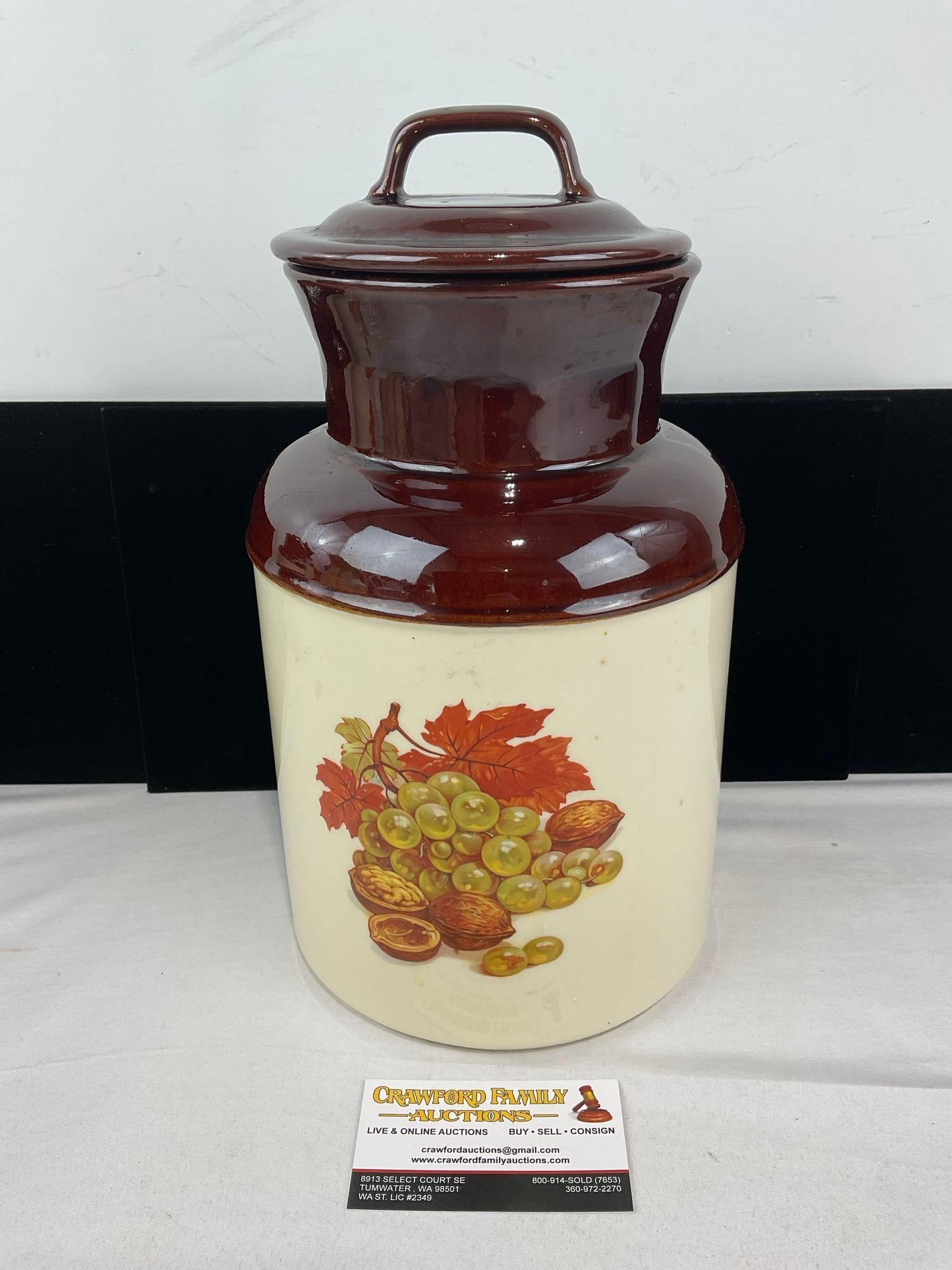 Vintage McCoy Kitchen Storage Crock w/lid, Brown & White #254, 13 inches tall: See pics for condition. Measures approx 14h x 8w x 8d inches. E-6420