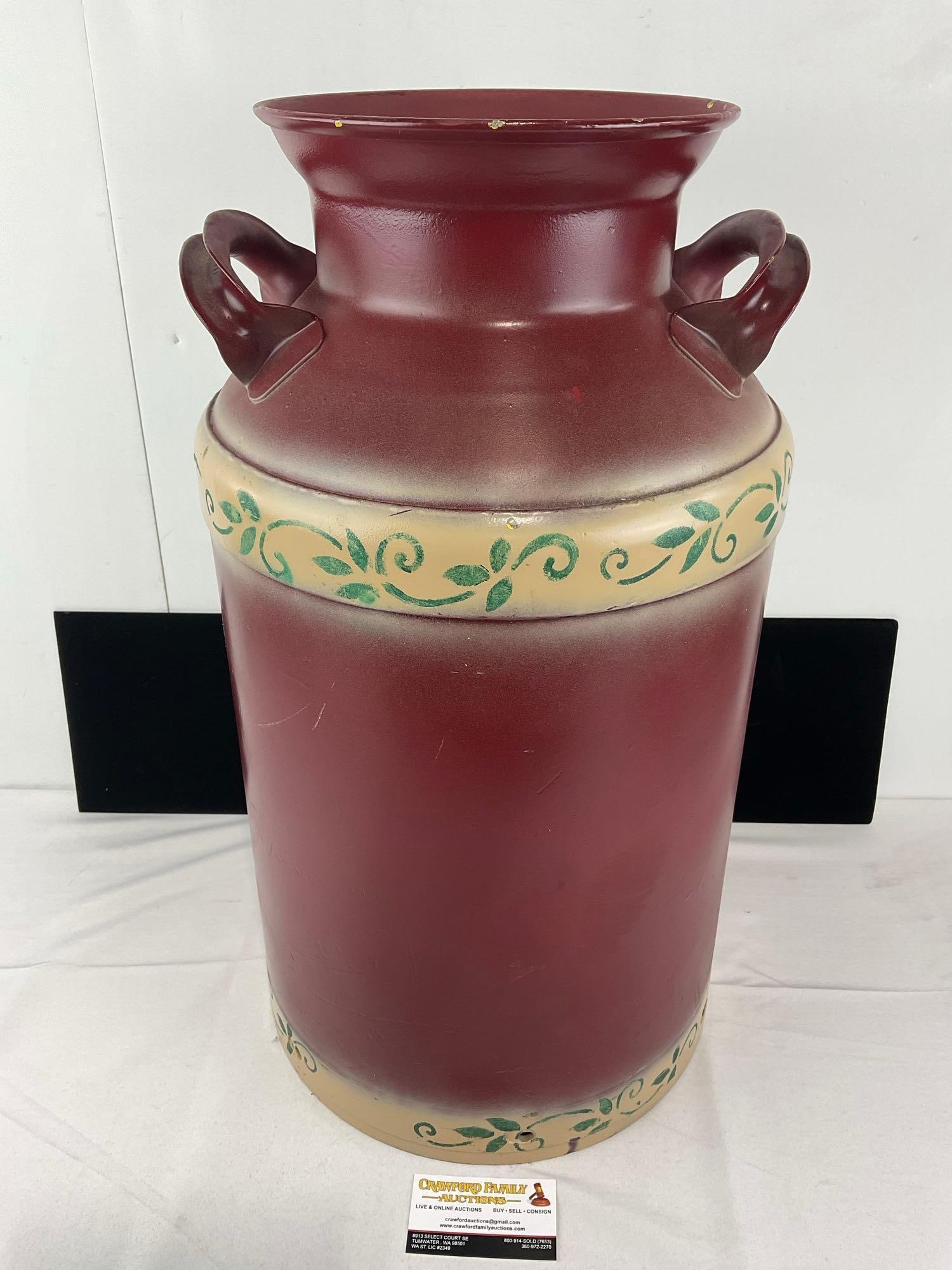 Superior 10 Gallon Milk Jug, Maroon w/ivy stencil pattern, 30h x 15w x 14d inches, no lid: Shows some lost finish on the rims. See pics for condition. Measures approx 30h x 15w x 14d inches. E-6420 *Oversized shipping may apply*