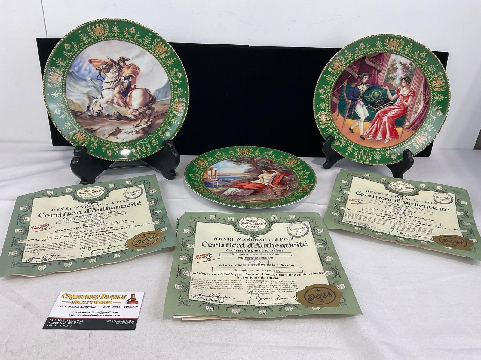 Set of 3 Napolean and Josephine Plate Collection by DArceau Limoges, 8.5 inch plates w/foam boxes: 3 Commemorative Plates.Napolean and Josephine Plate Collection by DArceau Limoges, 8.5 inch plates. Bonaparte Crossing the Alps with COA & Box, The Empress Josephine with COA & Box, & The