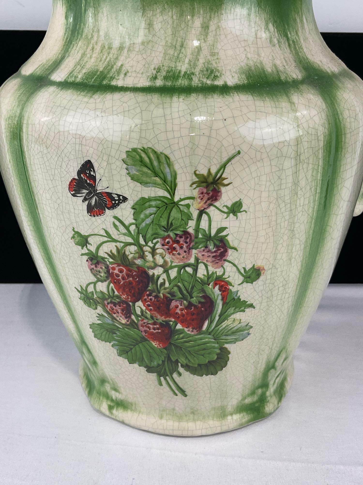 Antique Victorian Ceramic Pitcher, Green on White, Wild Strawberry design, Has stamp on bottom - 2