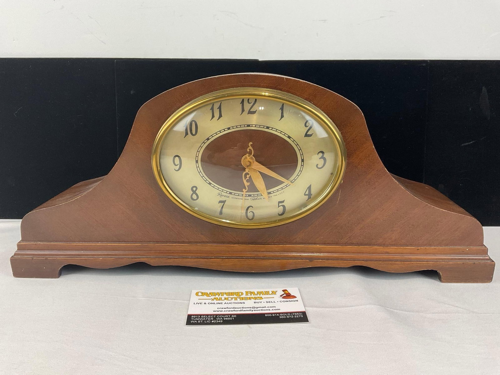 Vintage Revere Model R-913 Westminster Chime Clock w/Telechron Synchronous Motor, 11x18x6: Some wear around the back, possibly adhesive or another substance on the back, a cut was made for the wire. See pics for condition. Measures approx 11h x 18w x 6d inches. E-6420