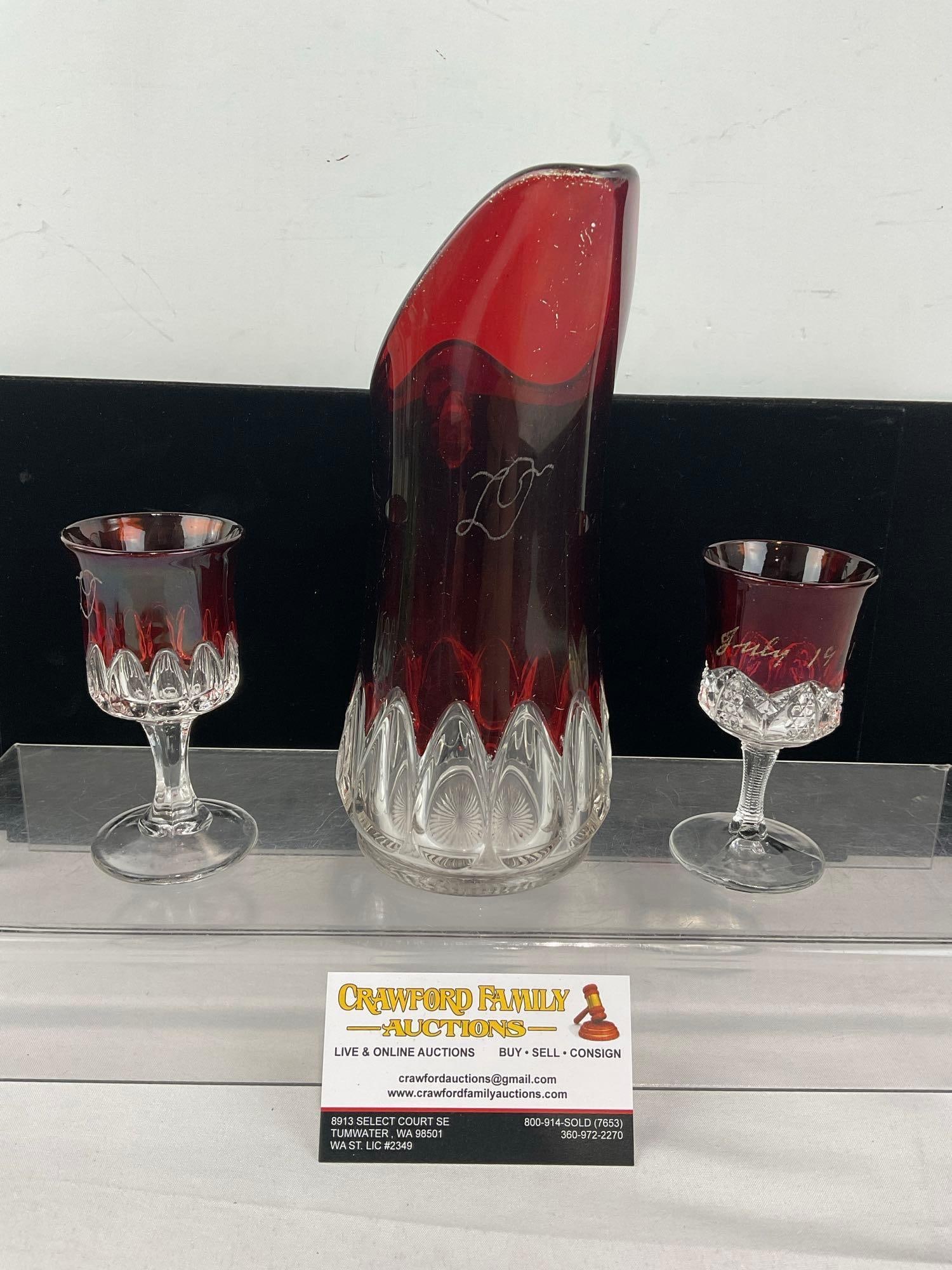 Antique Etched Cranberry to Clear Pitcher & Pair of Goblets, marked 1x D & 1x July 19th: Some lost finish, a few scratches. See pics for condition. Measures approx 10h x 7w x 5d inches. E-6420