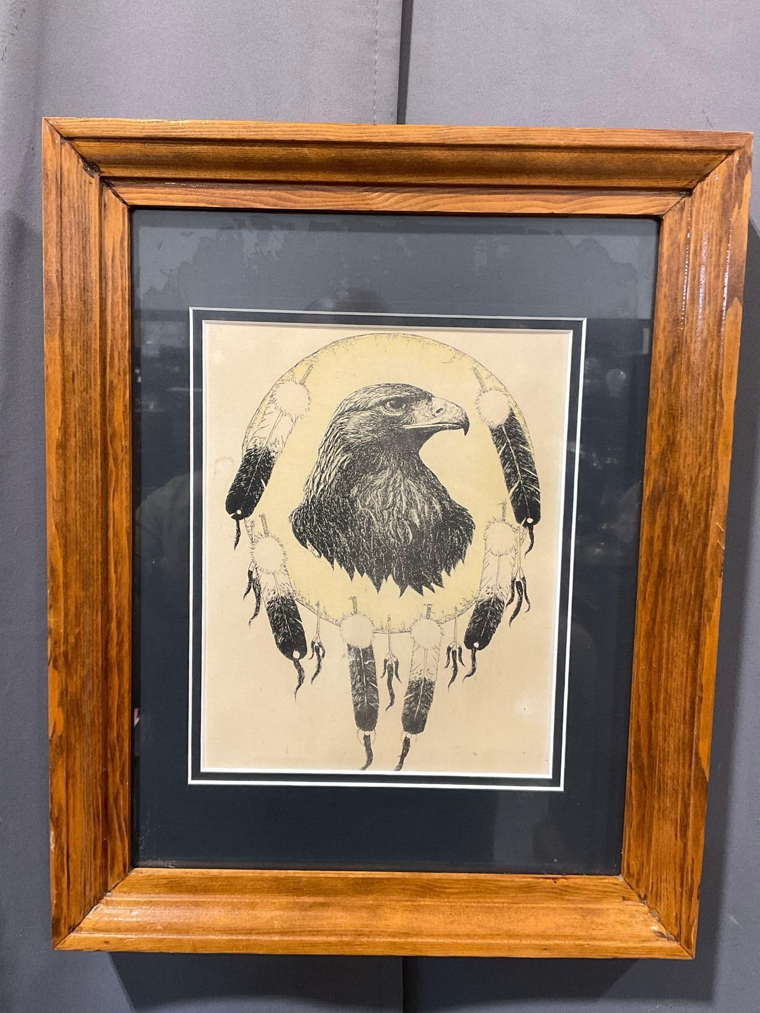 Framed Black/White litho, Golden Eagle on Native American Leather Shield, 18x14 inches: See pics for condition. Measures approx 18h x 14w x 3d inches. E-6420