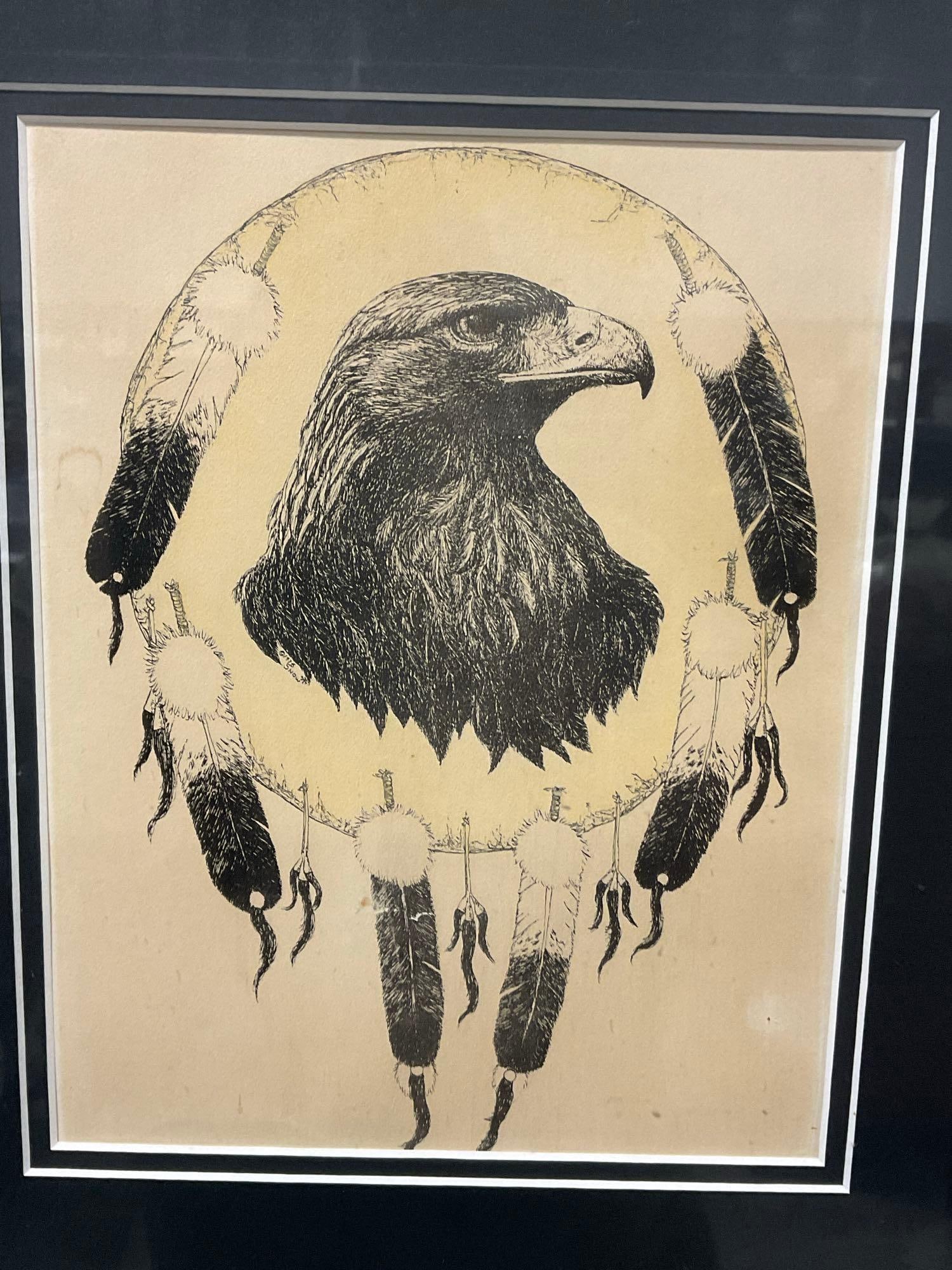 Framed Black/White litho, Golden Eagle on Native American Leather Shield, 18x14 inches - 2