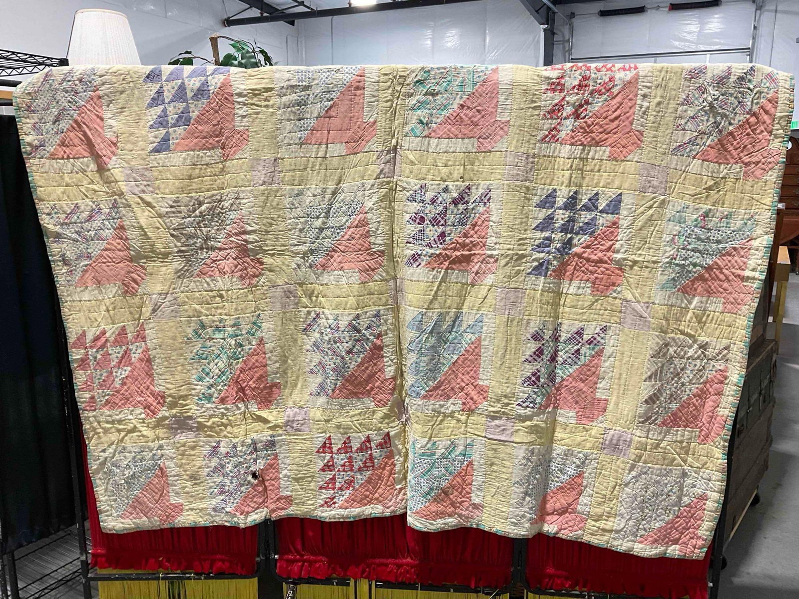 Vintage Hand Quilted Yellow Patchwork Blanket Bedspread w/ Flower Basket Pattern. 80" x 70" (1 of 6)