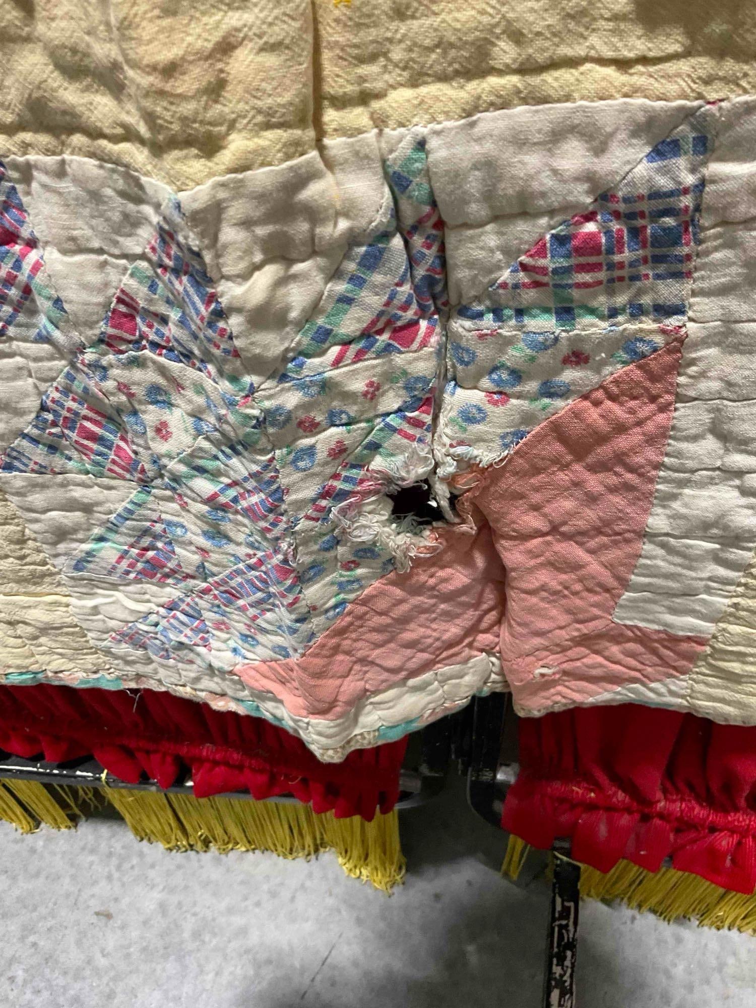 Vintage Hand Quilted Yellow Patchwork Blanket Bedspread w/ Flower Basket Pattern. 80" x 70" - 4