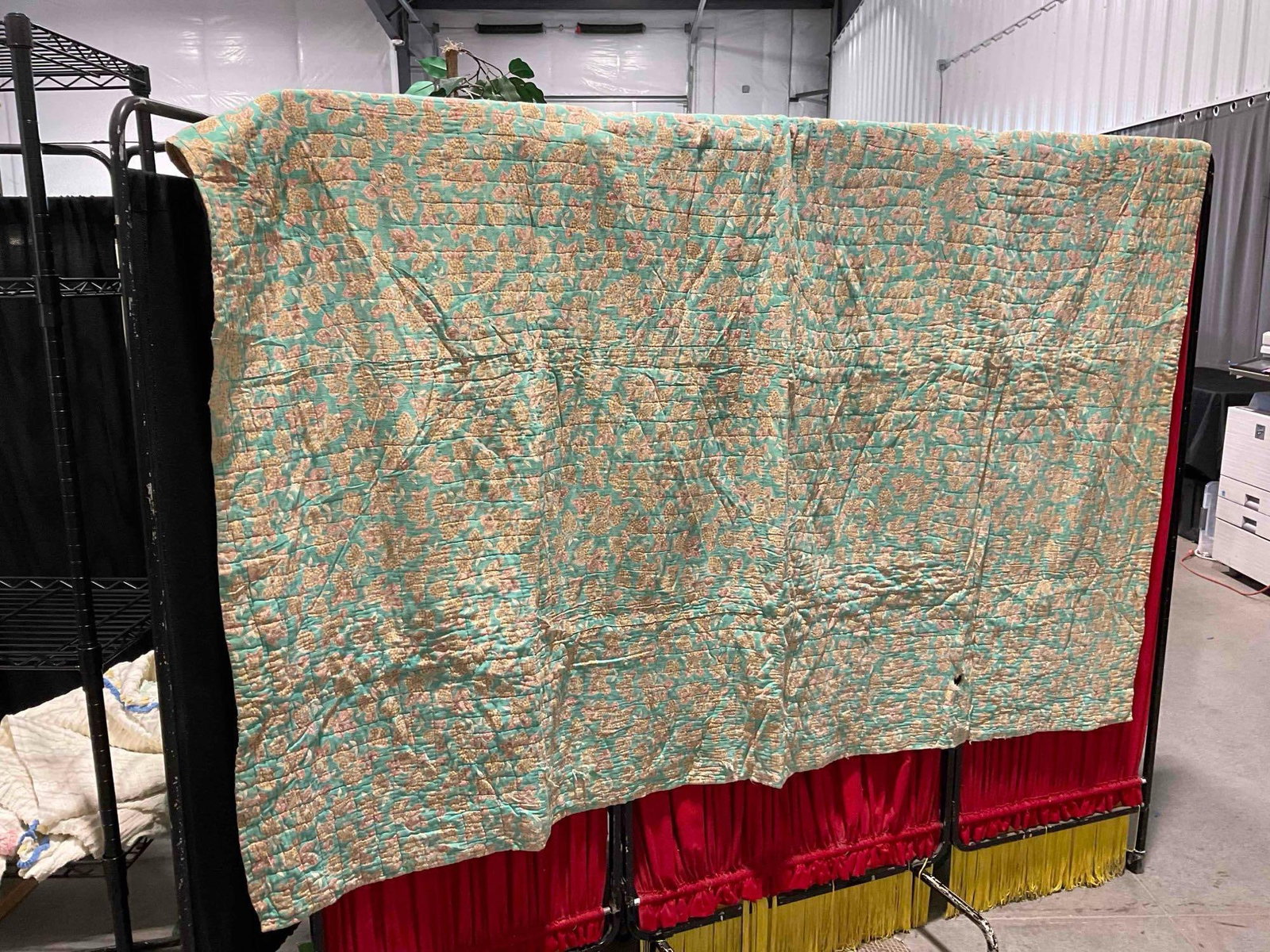 Vintage Hand Quilted Yellow Patchwork Blanket Bedspread w/ Flower Basket Pattern. 80" x 70" - 6