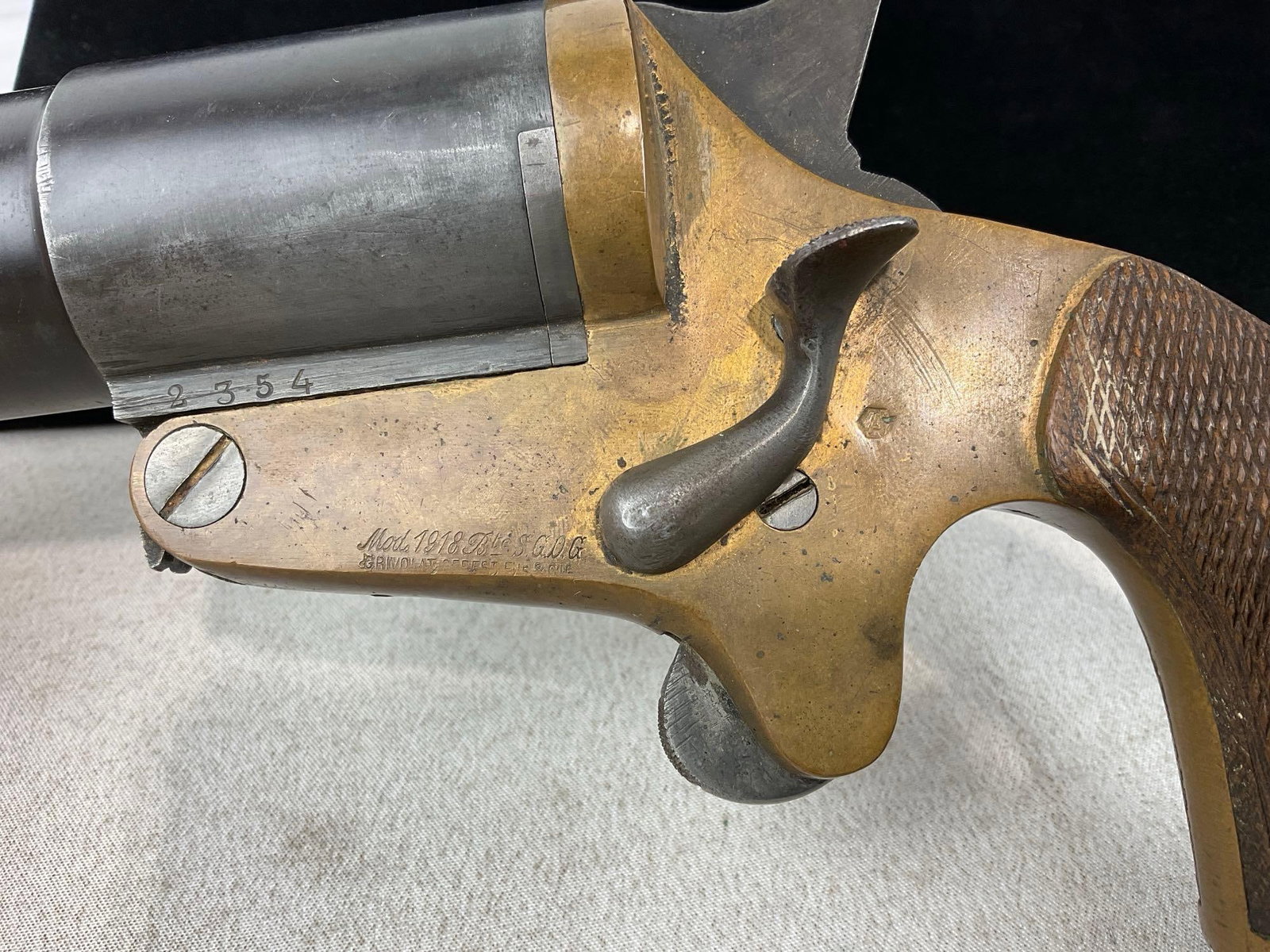 WWI era French Model 1918 Bte. SGOG Flare Gun, Brass & Steel, 1.5 in bore, spur trigger, SN:2354 - 2